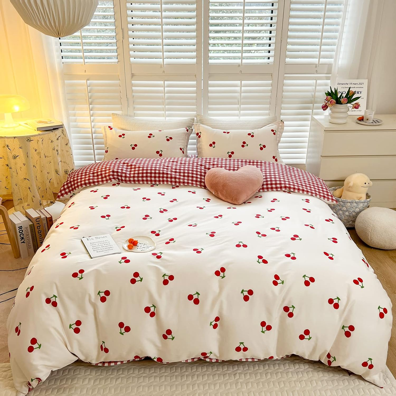 Blueblue Cherry Kids Duvet Cover Set Queen 100% Cotton Bedding for Boys Girls Teens Cartoon Red Cherries Pattern on White 1 Cute Fruit Full Comforter Cover 2 Pillow Shams (Queen)