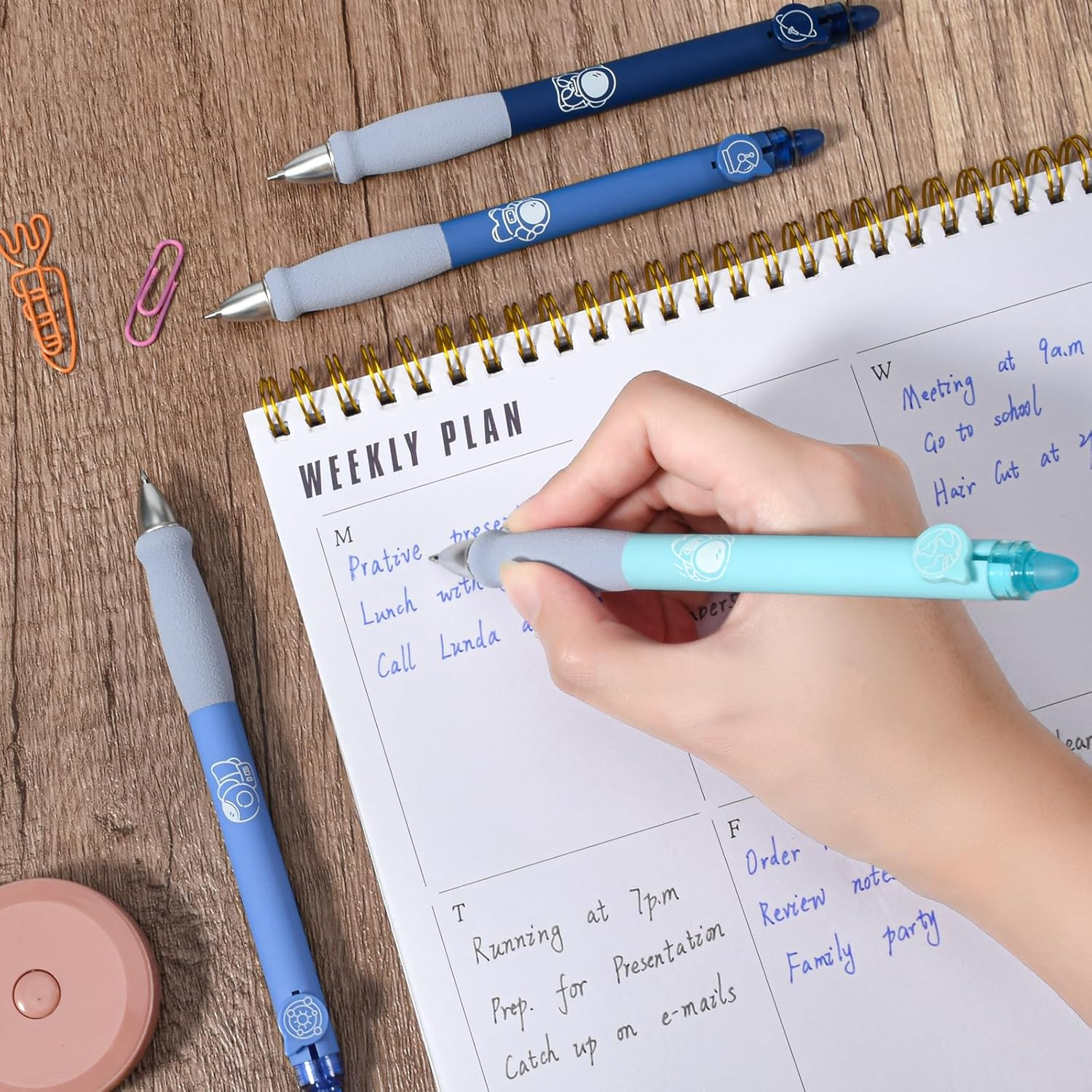 BAYTORY 8Pcs Cute Retractable Erasable Gel Pens, Blue and Black Ink Pen with Eraser Clear, Smooth Writing Comfortable to Use for Note Taking Marking Planner Crossword Puzzles (Blue) - Green image number 5