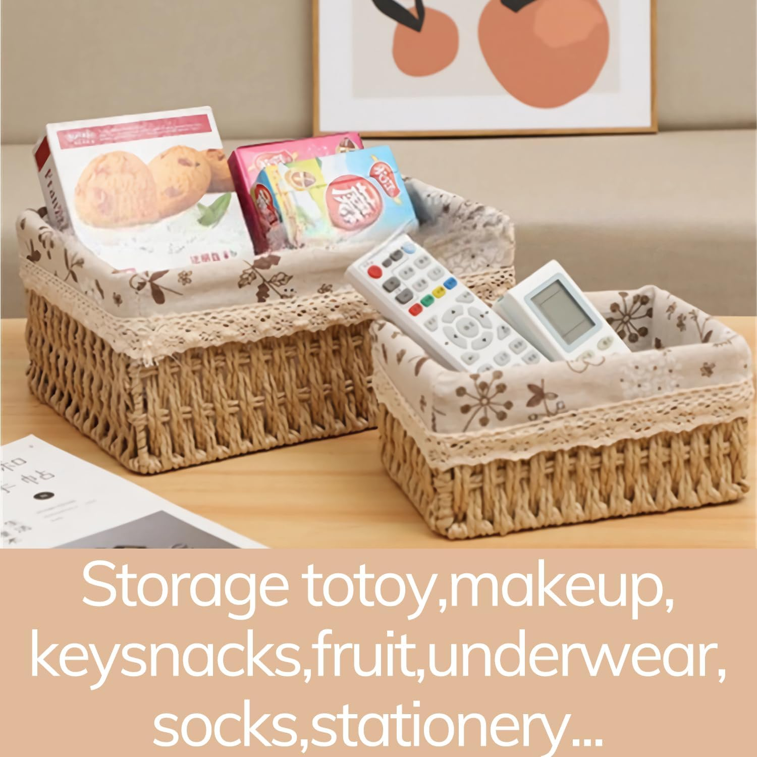 Uandhome Storage Basket Set,3 Pcs Wicker Baskets with Removable Liner for Organizing Storage Baskets for Shelves Woven Basket Decorative Basket Rectangle Basket (Square) image number 1