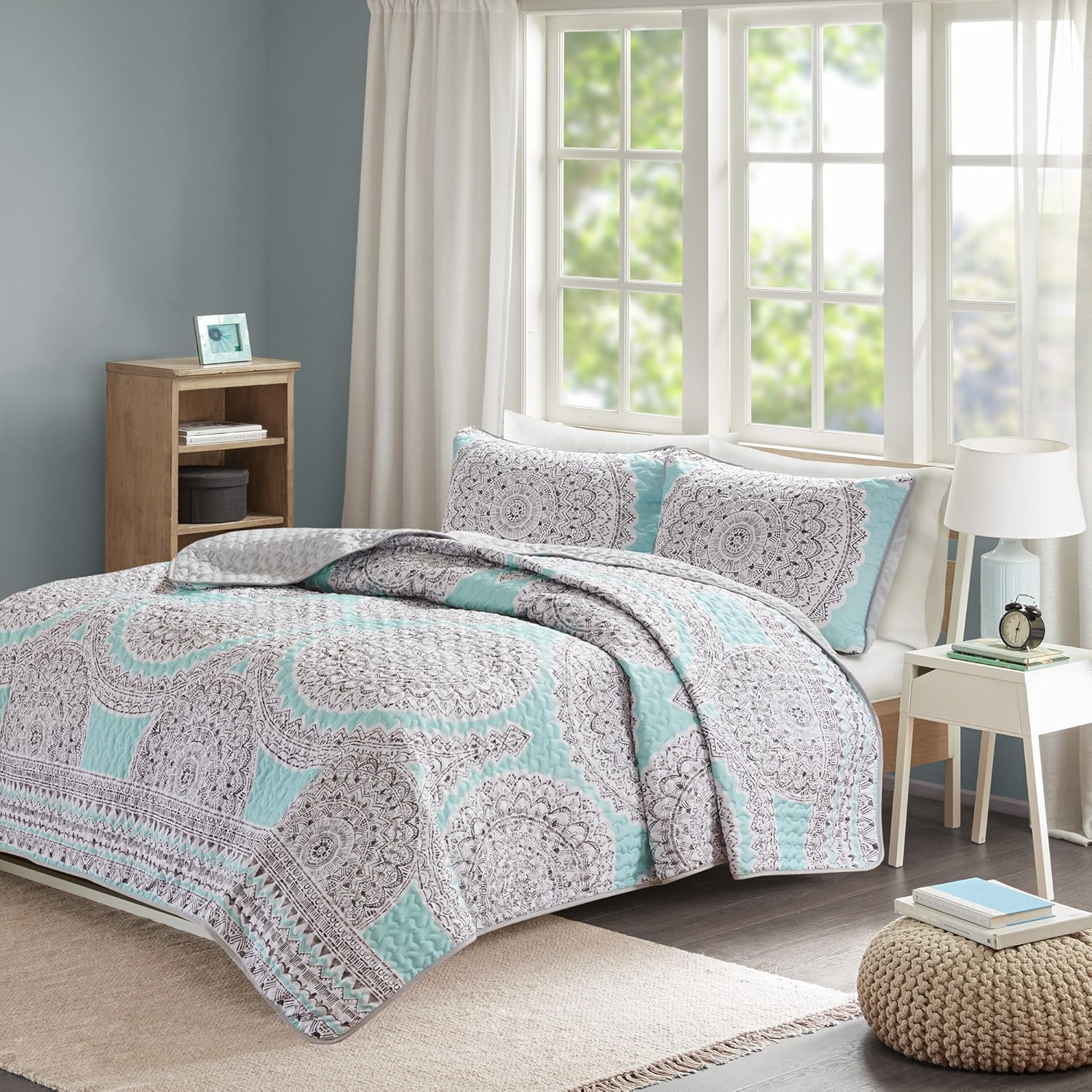 Comfort Spaces Reversible Quilt Set - Vermicelli Stitching Bohemian Design, All Season, Lightweight, Coverlet Bedspread Bedding, Shams, Full/Queen(90"X90") Adele Aqua Medallion 3 Piece image number 2