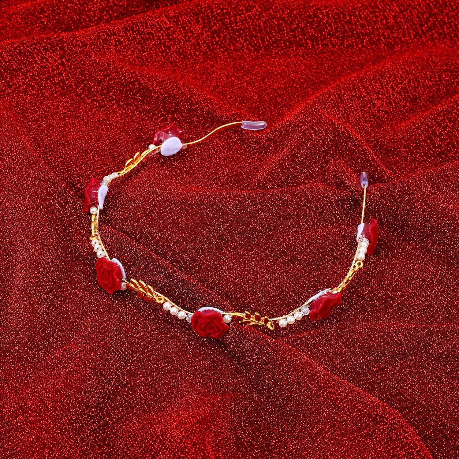 Heclia Hair Accessories for Flower Girl Wedding 2 Pieces Golden Vine Leaf Boho Headband and Vintage Red Rose Renaissance Accessories Bridal Beads Headpiece Wedding Princess Fairy Headband image number 3