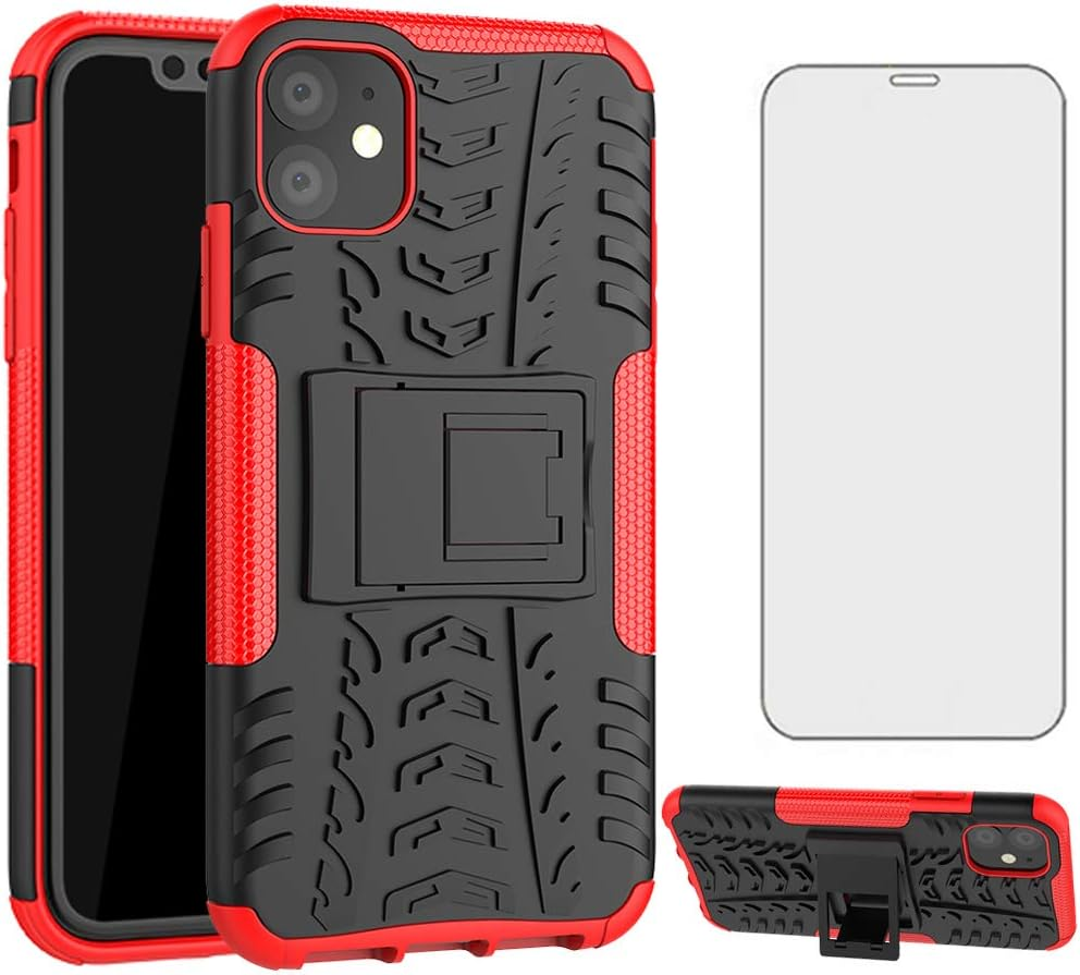 Phone Case for Apple Iphone 11 6.1 with Tempered Glass Screen Protector Cover and Stand Kickstand Hard Rugged Hybrid Heavy Duty Cell Accessories Iphone11Case Iphone11 I Phone11 XI 11R Cases Red image number 5