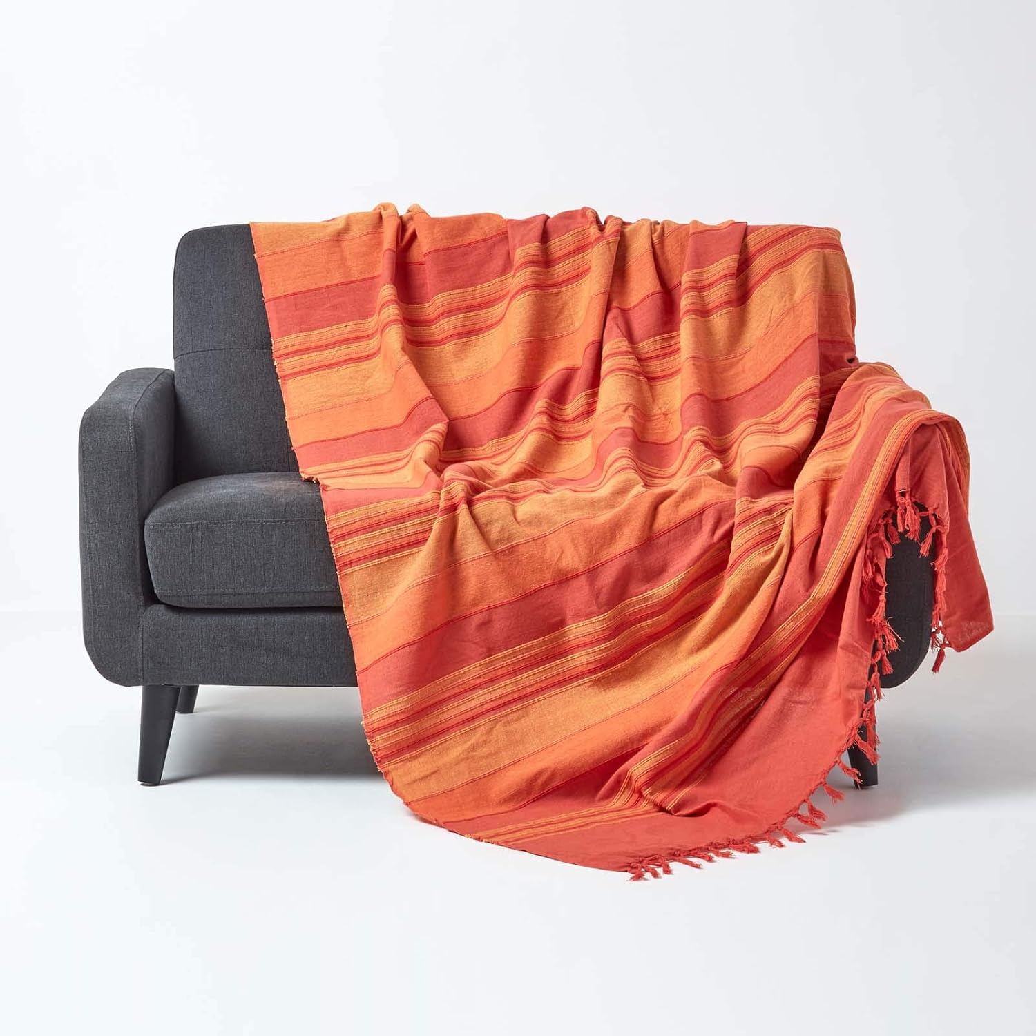 HOMESCAPES Morocco Orange Sofa Throw 100% Cotton Soft Blanket 150 X 200 Cm Orange Terracotta Striped with Fringes