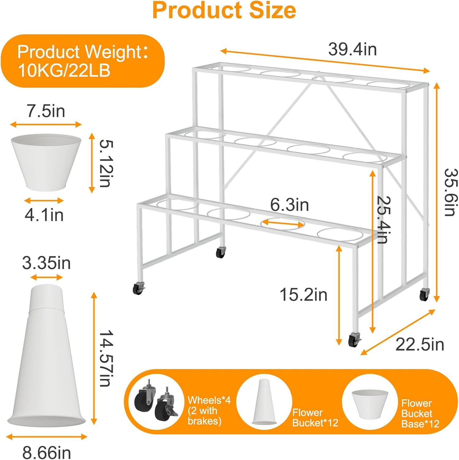 Flower Stand, 3-Tier Display Stand with Buckets for Indoor Outdoor, Flower Cart Display Stand with Wheels for Courtyard, Balcony, Shop, Wedding, Party, Exhibition, White image number 6