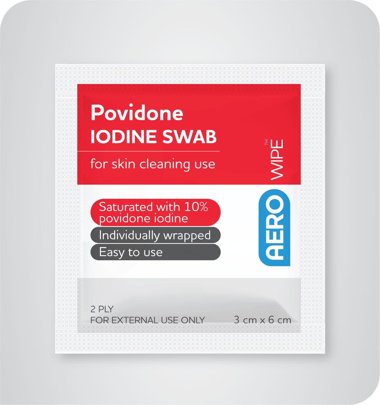 AEROWIPE 10% Povidone Iodine Swabs, Antiseptic Wipes for Pre‑Procedure Skin Cleansing, Alcohol Free, Individually Wrapped 2 Ply Pads for Consistent Coverage, 60 Mm X 33 Mm, Box of 100
