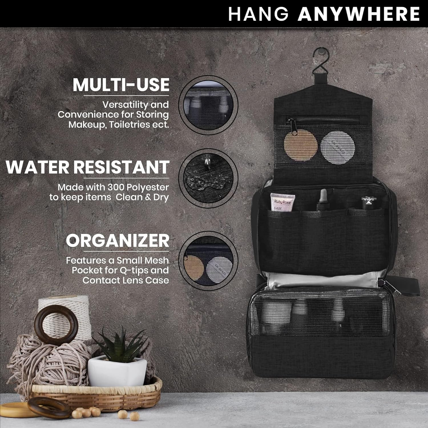 Small Compact Travel Hanging Toiletry Bag, Mini Carry on Toiletry Bag for Men and Women, Toiletries, Water Resistant, Black image number 1