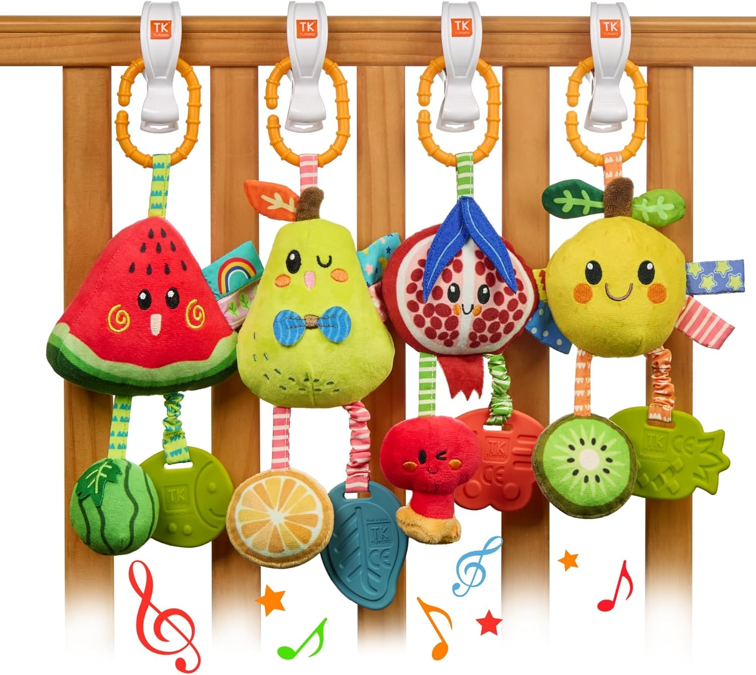 TUMAMA Baby Hanging Rattle Toys 4 Pack Fruit Soft Sensory Set for Car Seat Stroller Mobile 0 3 6 9 12+ Months image number 1