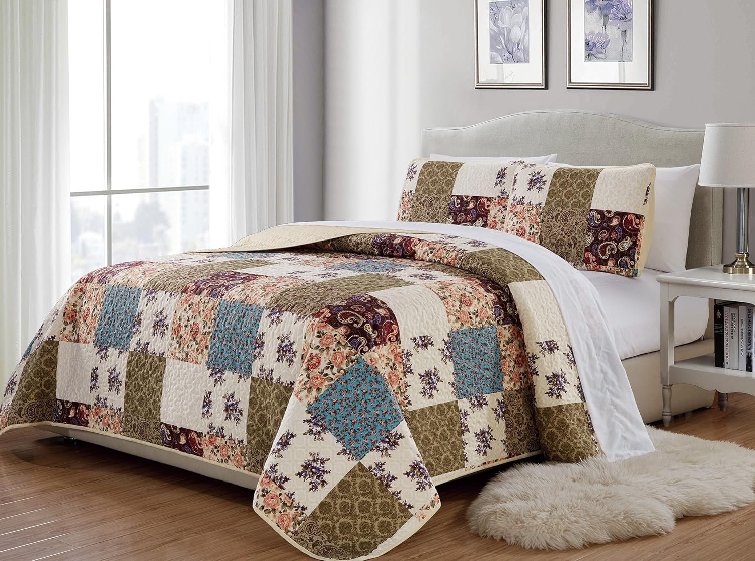 (King/California King) - Fancy Collection 3 Pc King/California King over Size Quilted Bedspread Set Aqua Turquoise Coastal Plain/"Grey Green" White Elegant Design New