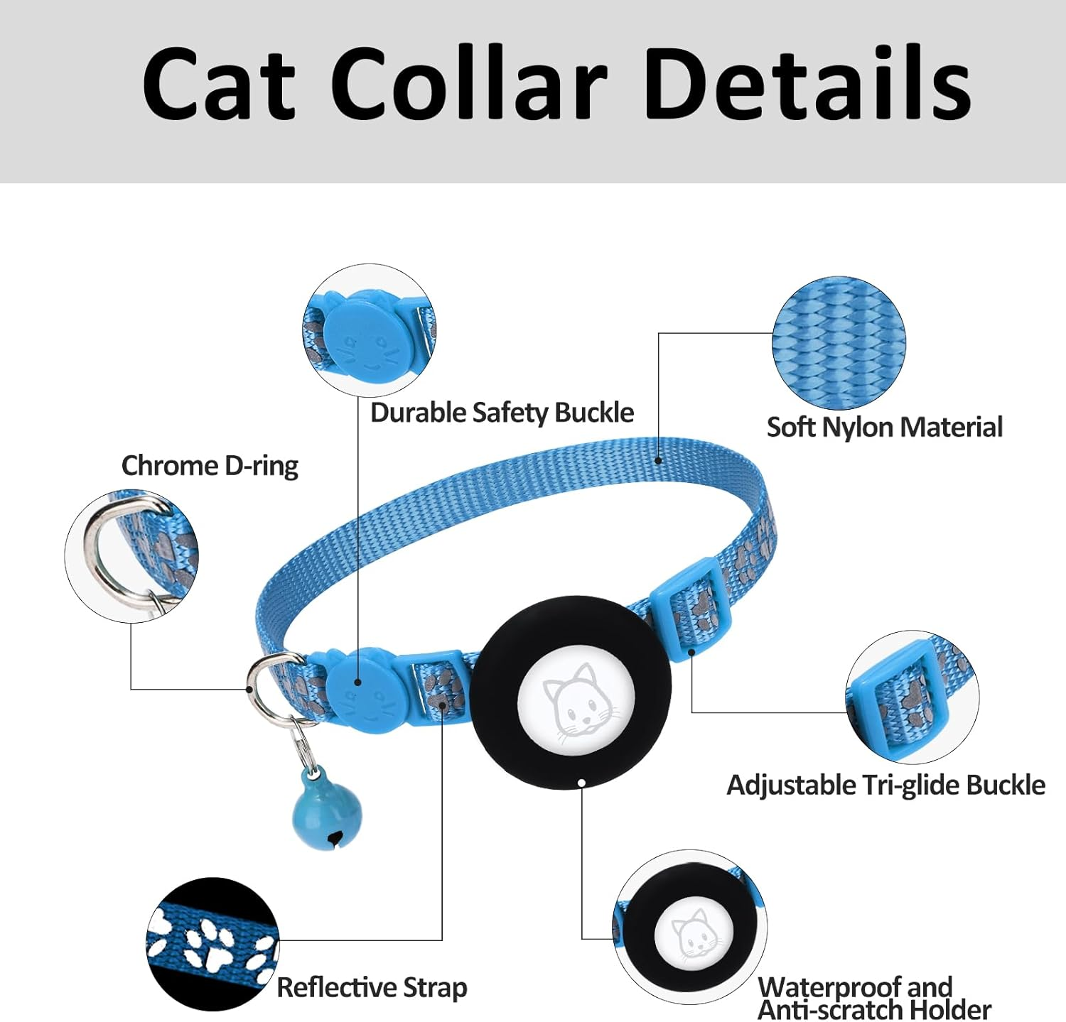 Airtag Cat Collar with Safety Buckle and Bell - Apple Air Tag Holder, Reflective 3/8" Width for Small Pets, Cats, Puppies, Kitten (Bluenew) image number 3