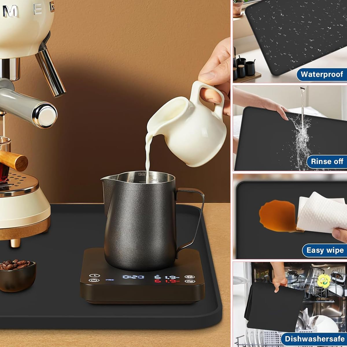 Silicone Coffee Mat, 24'' X 16'' Coffee Accessories,Coffee Bar Mat with Detachable Dish Drying Mat for Kitchen Countertops,Fit for Coffee Maker Machine, Coffee Pot ,Espresso Machine ,Gray image number 1