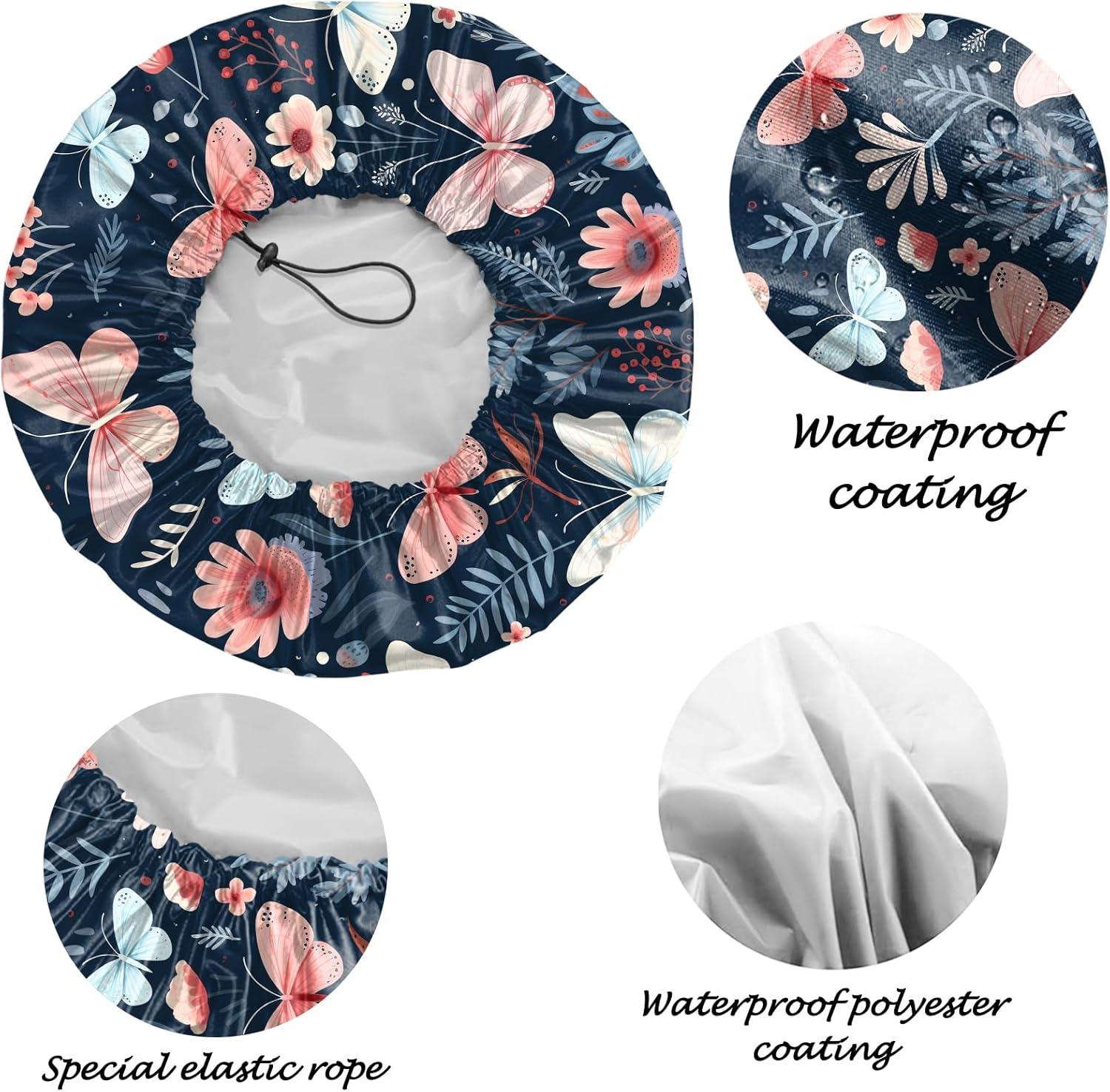 Deokke 2 PCS Shower Cap Reusable Large Waterproof Adjustable Double Layer Elastic Dry Hair Bathing Caps Aesthetic Cute for Women Girls-Butterfly Flower image number 2