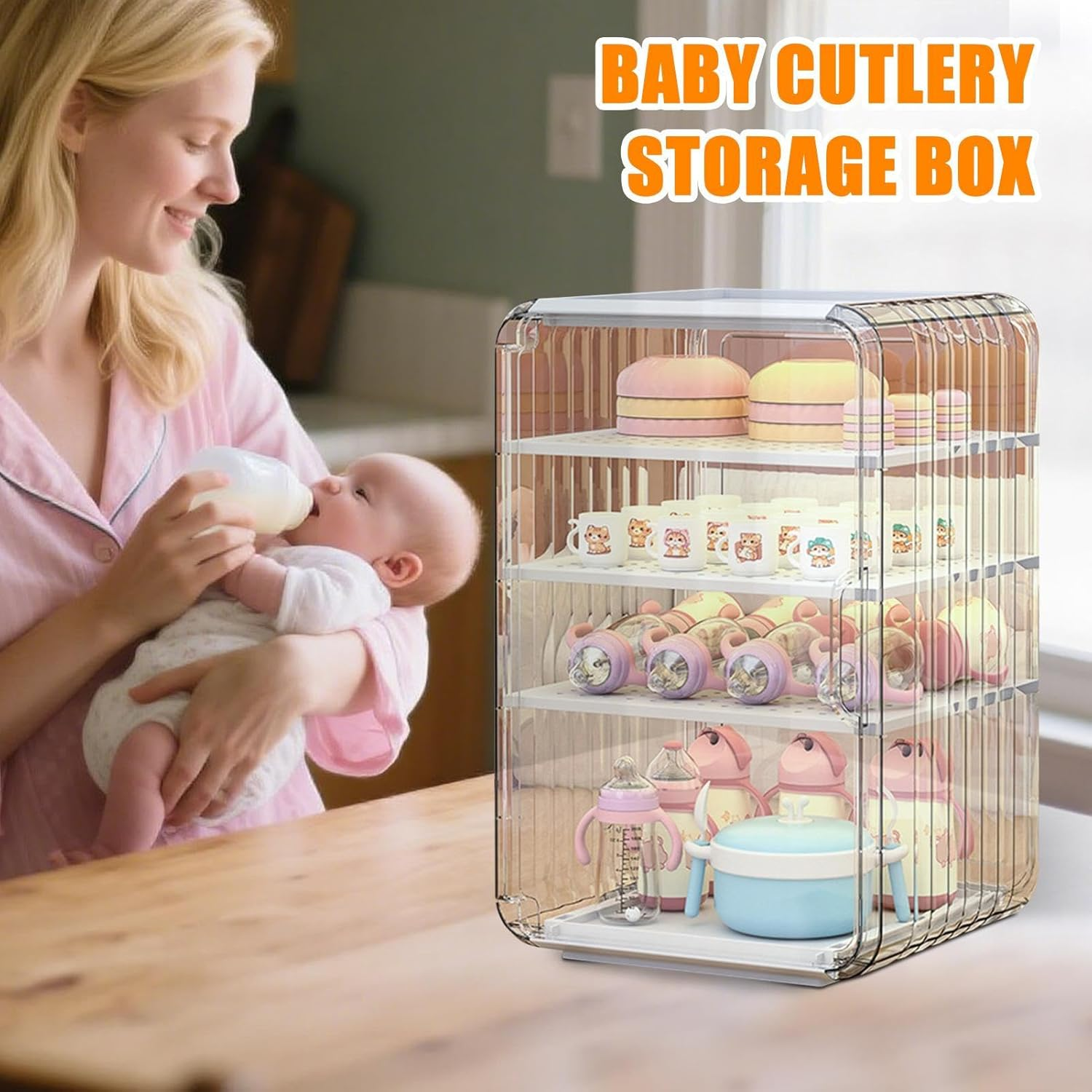 Baby Bottle Storage Organizer for Countertop Cabinet, 3/4 Layers Nursery Drying Rack Child Tableware, Baby Bottles Station Organizer Container, Space-Saving Dust Protection Clear Bottle Holder image number 3