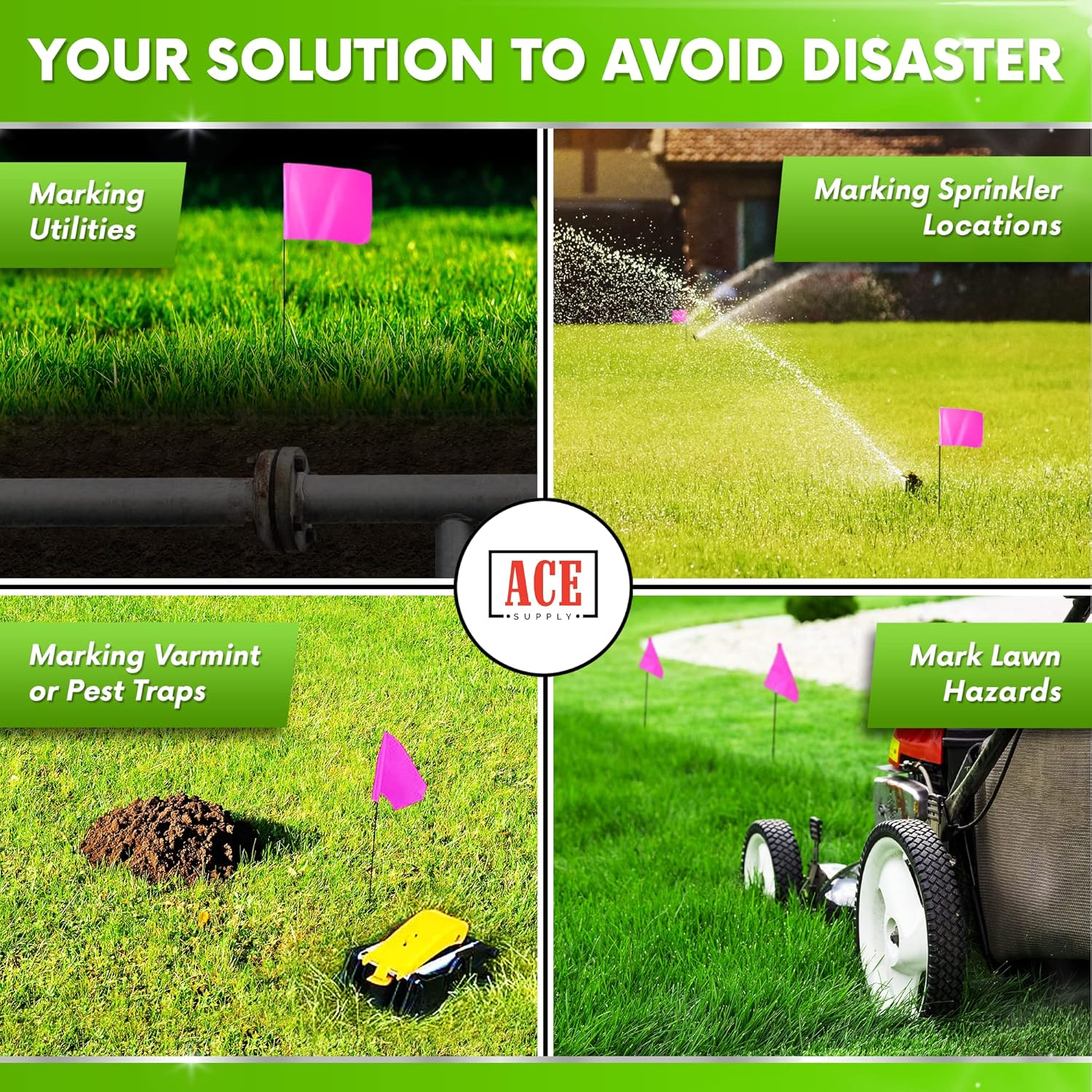 ACE Supply Pink Marking Flags 100 Pack - - 4X5-Inch Pink Flag on 15-Inch Wire - Small Yard Flags, Marker Flags for Lawn, Irrigation Flags, Lawn Flags Markers, Landscape Flags, Survey Flags, Sprinkler Flags, Compatible with Invisible Fence Flags