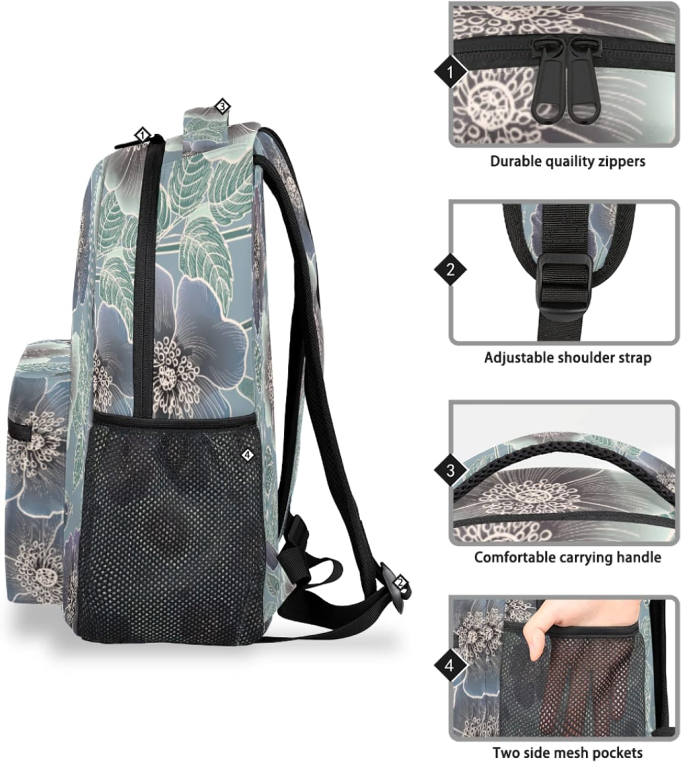 Tropicallife Flower Contour Backpack Lightweight Waterproof Travel Rucksack Flower Pattern Stylish Backpack for Man Women image number 1