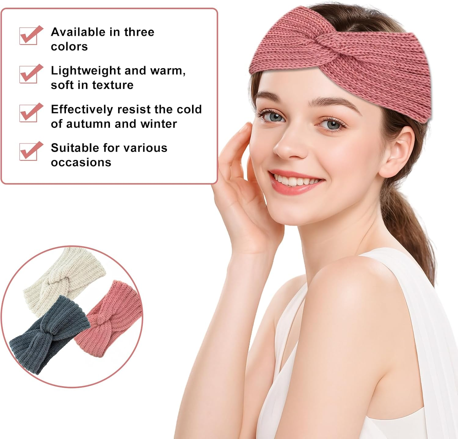 Pack of 3 Women'S Winter Knitted Headband Children Girls Autumn and Winter Simple Versatile Headbands Knitted Hair Band Ear Warmer Elastic Beige + Grey + Pink image number 4