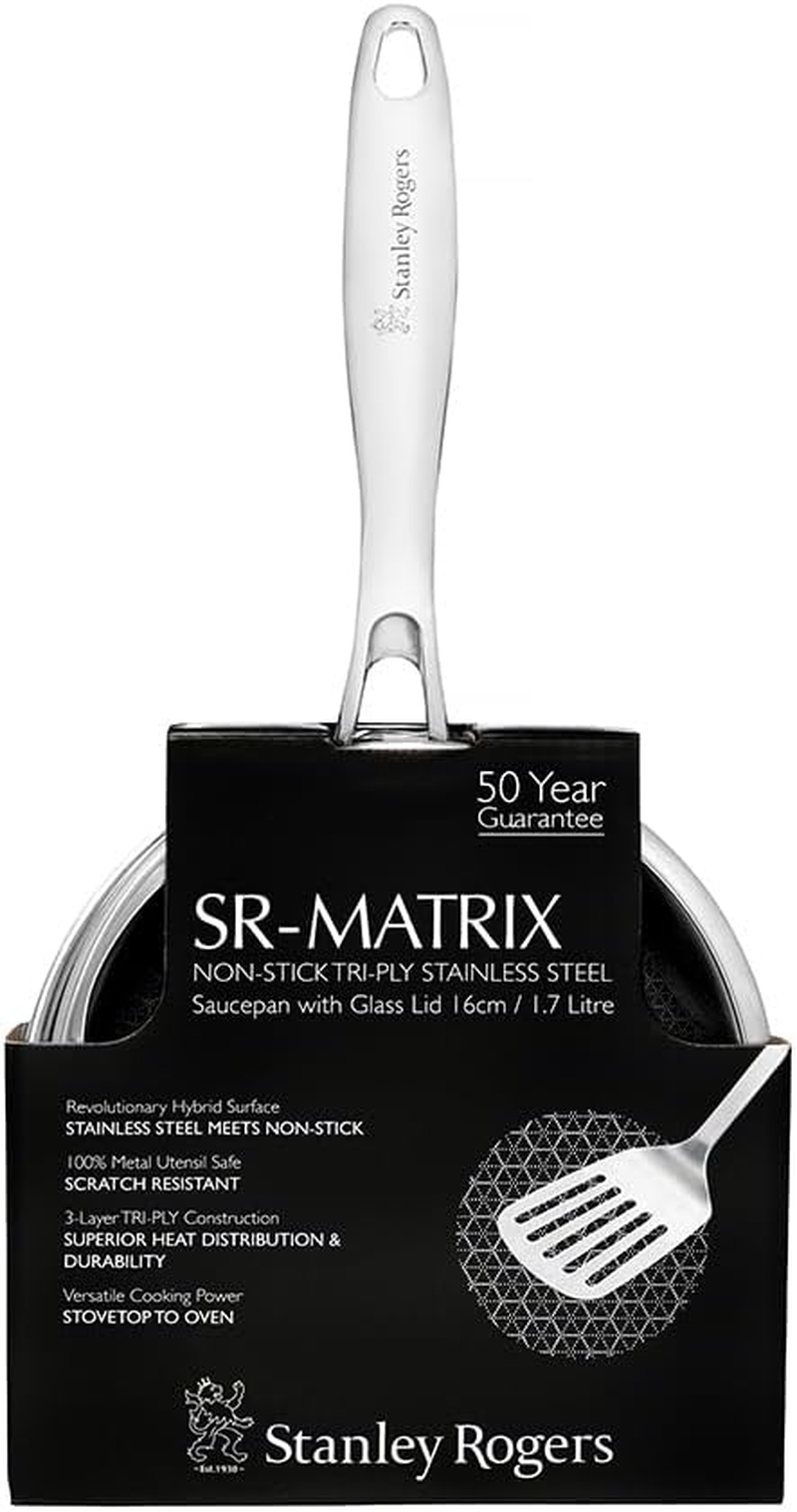 Stanley Rogers Matrix Non-Stick Saucepan with Glass Lid 16Cm / 1.7L &ndash; Premium Tri-Ply Stainless Steel Pan with Textured Non-Stick Surface, Pfoa-Free, Oven & Induction Safe Cookware image number 1
