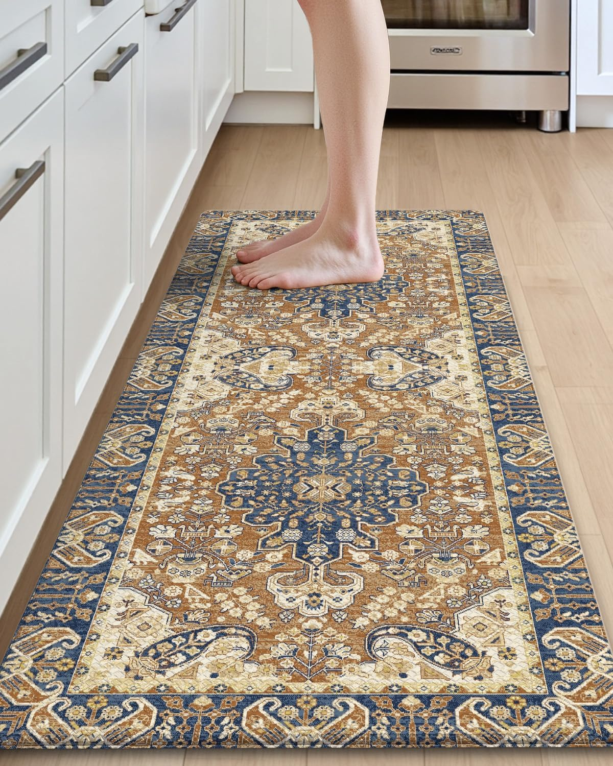 DEXI Kitchen Floor Mats anti Fatigue, Cushioned Waterproof Runner Rug Boho Floral, 23X59 Extra Wide Standing Padded Non Slip for Farmhouse, Cream and Red