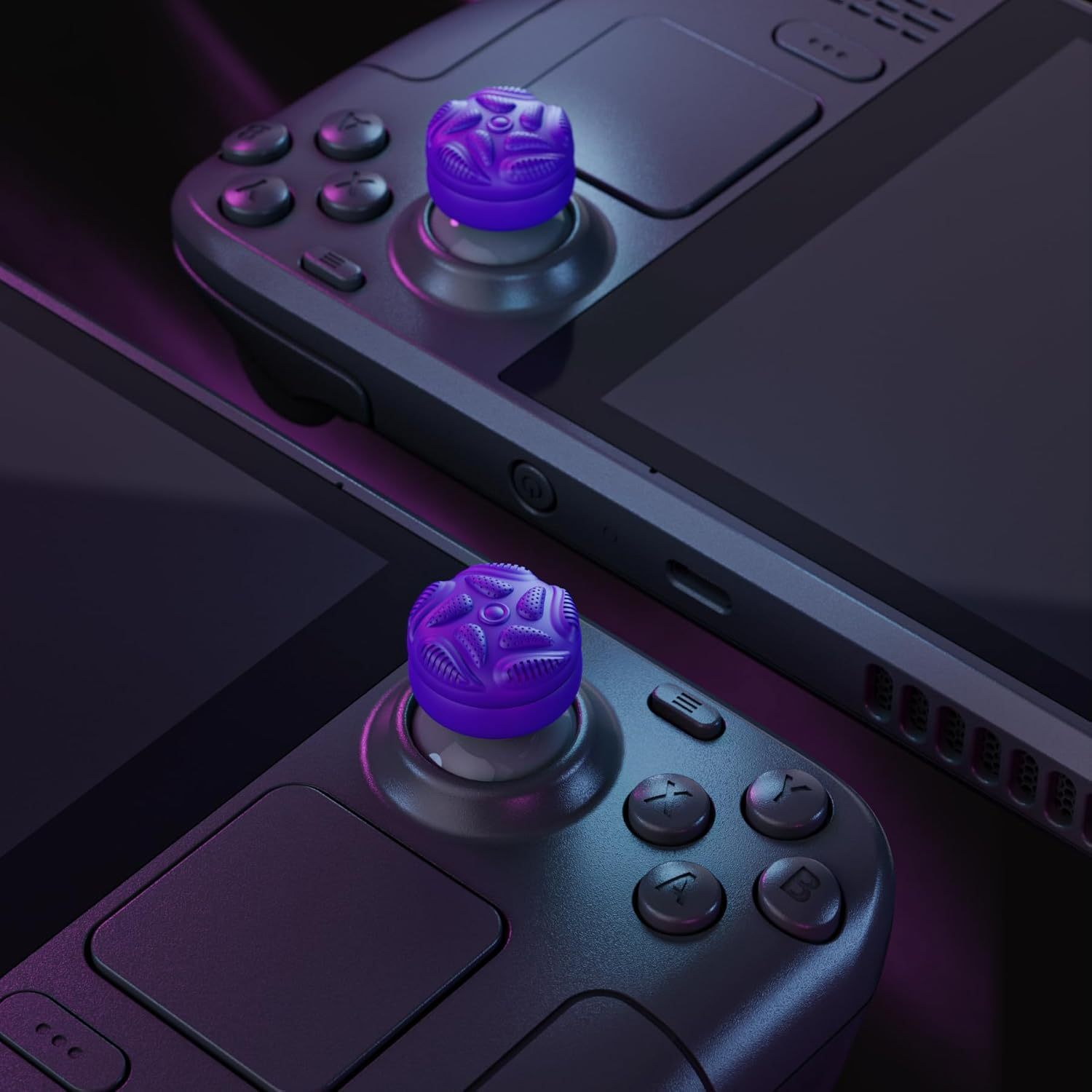 Playvital Thumb Grips for Steam Deck LCD & OLED (4-Pack), Thumb Cushion Caps with Anti-Slip Texture, Height-Boost Joystick Cover for Steam Deck Accessories - Raindrop Texture Purple image number 1