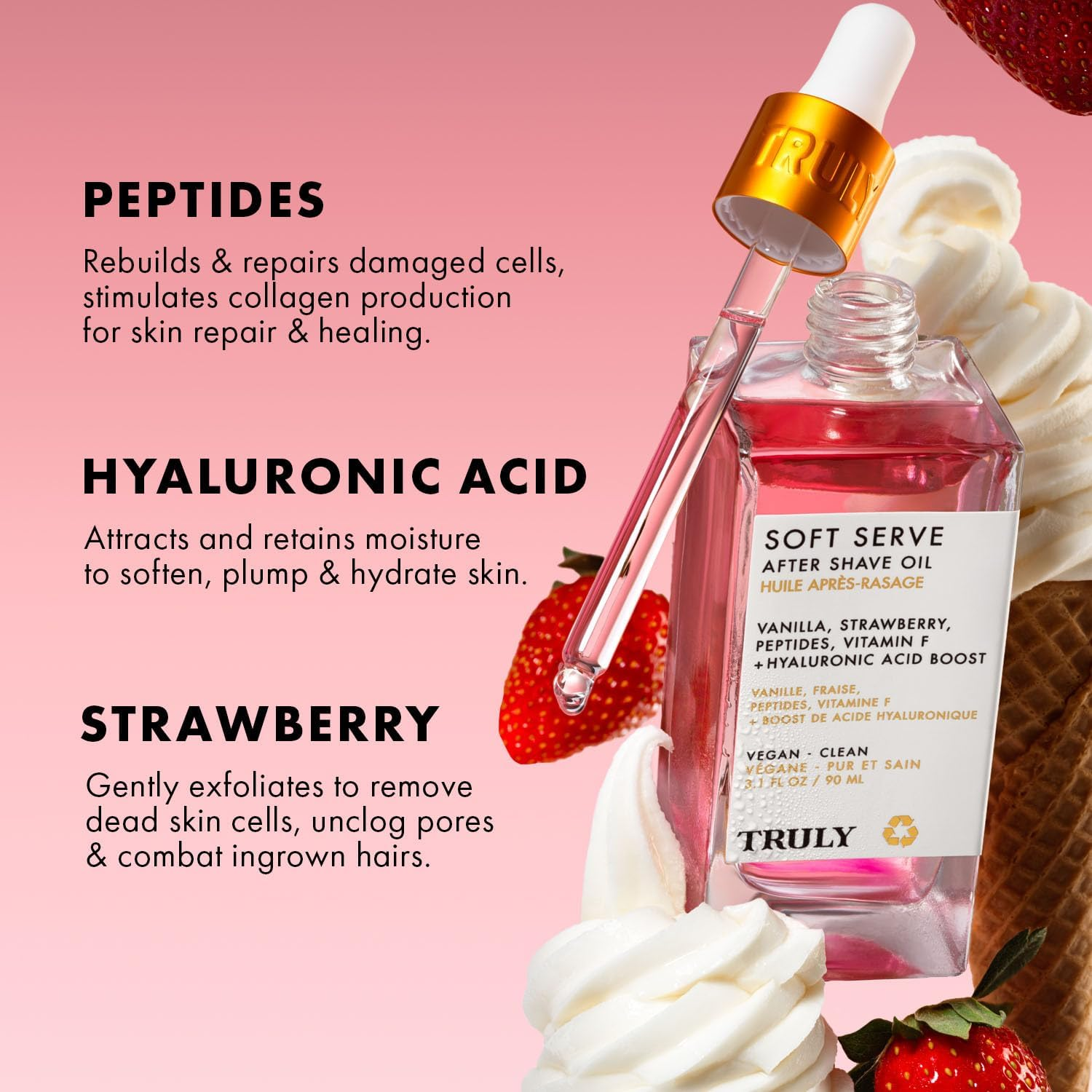 Truly Beauty Soft Serve after Shave Oil | Hydrating Treatment for Ingrowns & Irritation | Peptides, Hyaluronic Acid & Strawberry Extract | Soothes & Smooths Skin | Strawberry Vanilla Scent (3.1 Fl Oz) image number 6