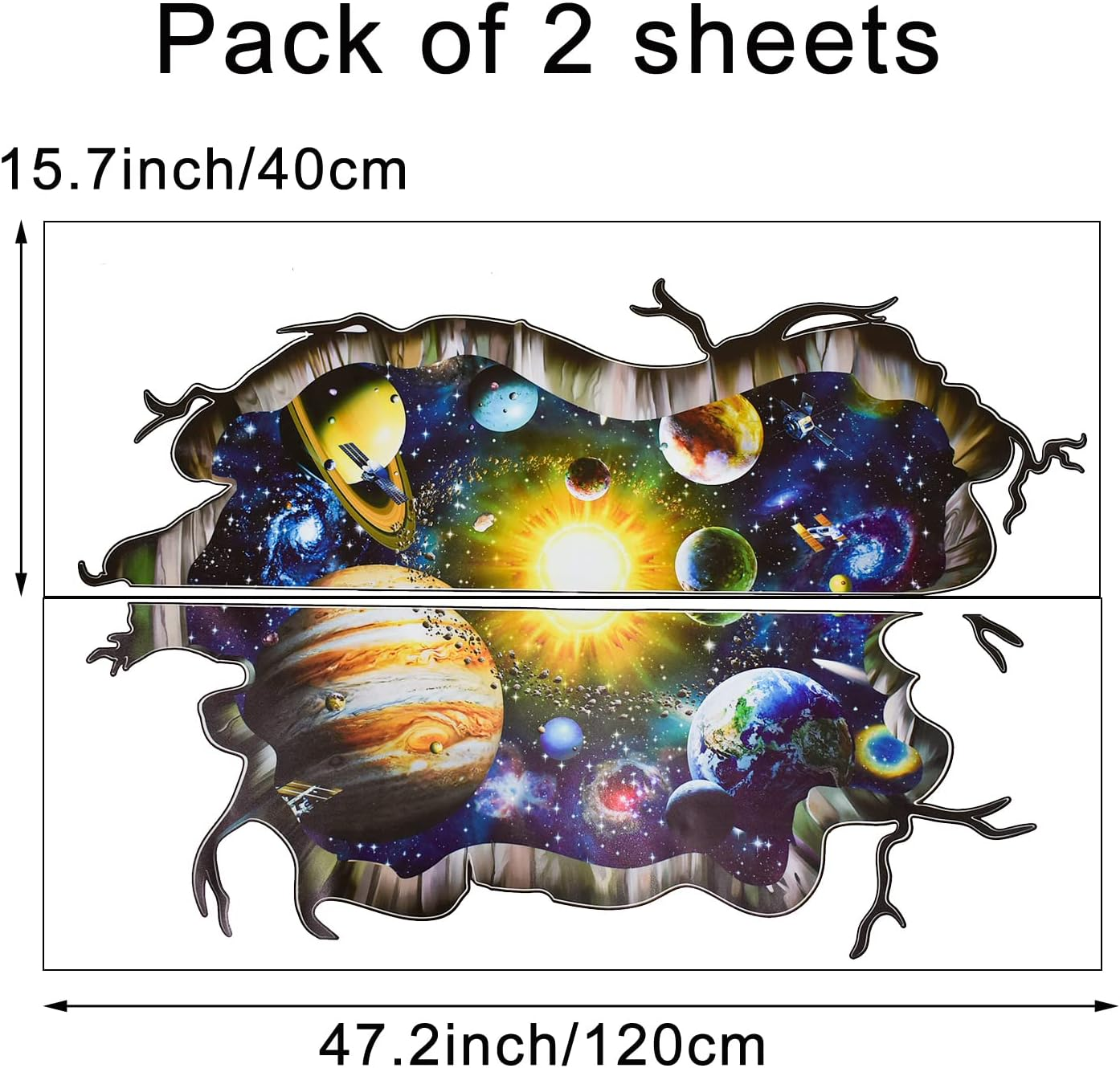 3D Galaxy Planets Wall Decals Smashed Solar System Wall Sticker 31.5X47.2Inch Cracked Outer Space Removable Vinyl Wall Clings for Ceiling Floor Living Room Bedroom Decoration