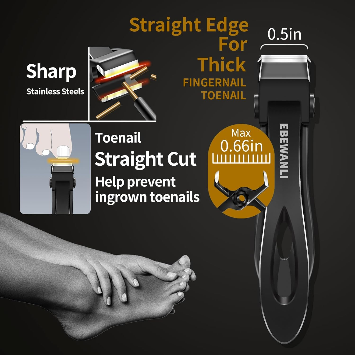 EBEWANLI Professional Toenail Clippers Set for Thick Nails, Ingrown Toenails, Seniors, Men & Women - Stainless Steel, Black