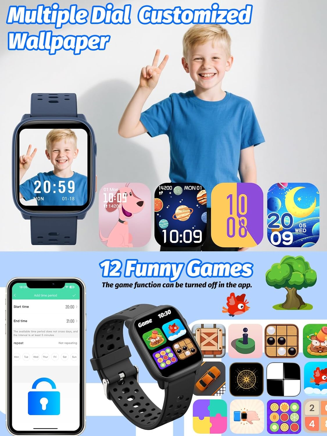 Mgaolo Kids Smart Watch 1.85" Upgrade - Fitness Tracker with Heart Rate Sleep Monitor, 100+ Sports Modes, 12 Puzzle Games, Activity Tracker for Boys Girls Outdoor Fun (Black) image number 3