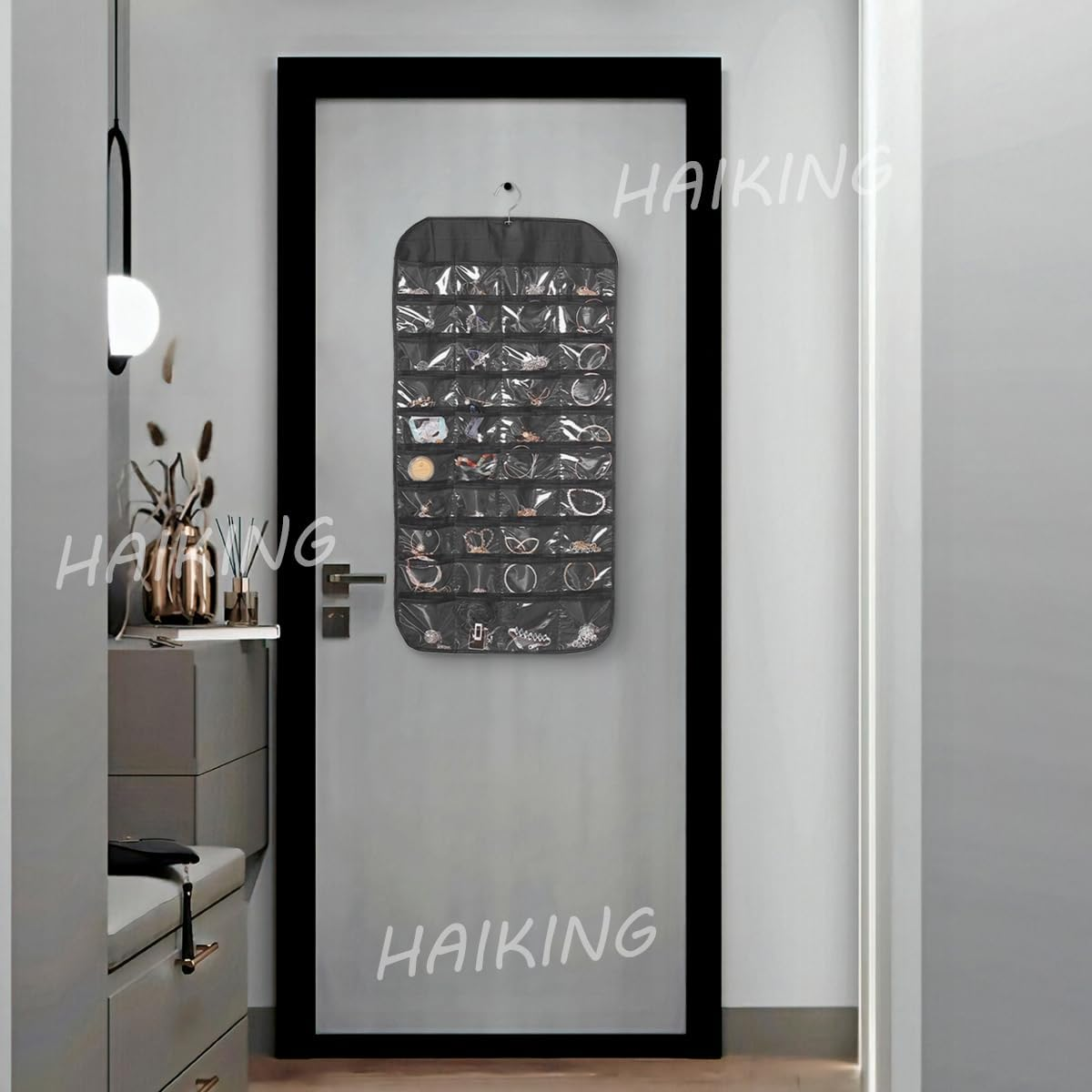 HAIKING Hanging Jewelry Organizer, 1 PCS Jewelry Hanging Storage Organizer with 80 Pockets, for Earrings, Necklaces, Rings (Black) image number 3