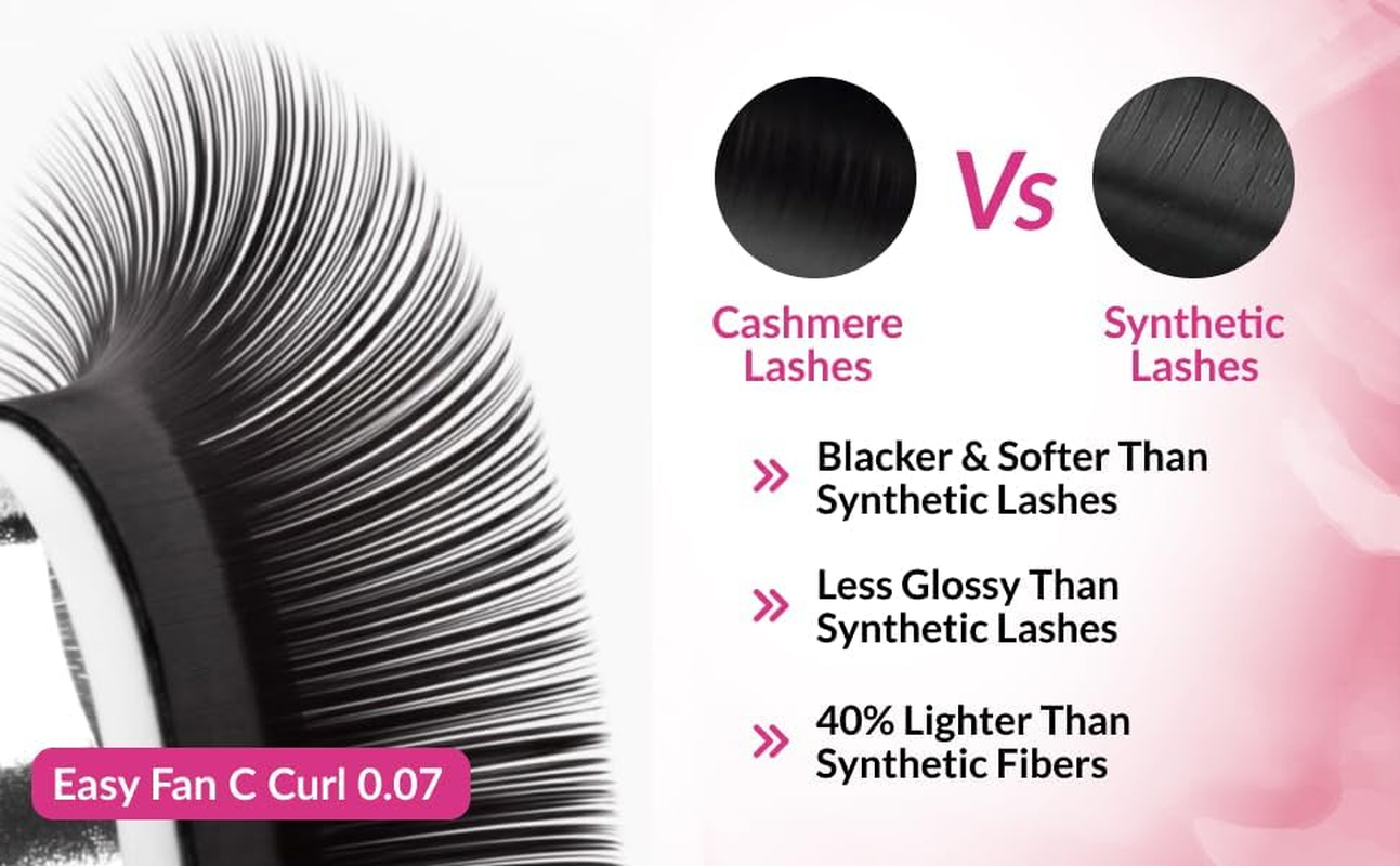 Easy Fan Cashmere Volume Eyelash Extensions C D L M Curl, 3D Premade, 0.07-0.10, Super Matte Black Individual Lashes Extension Mix Tray 7-15Mm (Easy Fan C Curl 0.07) image number 3