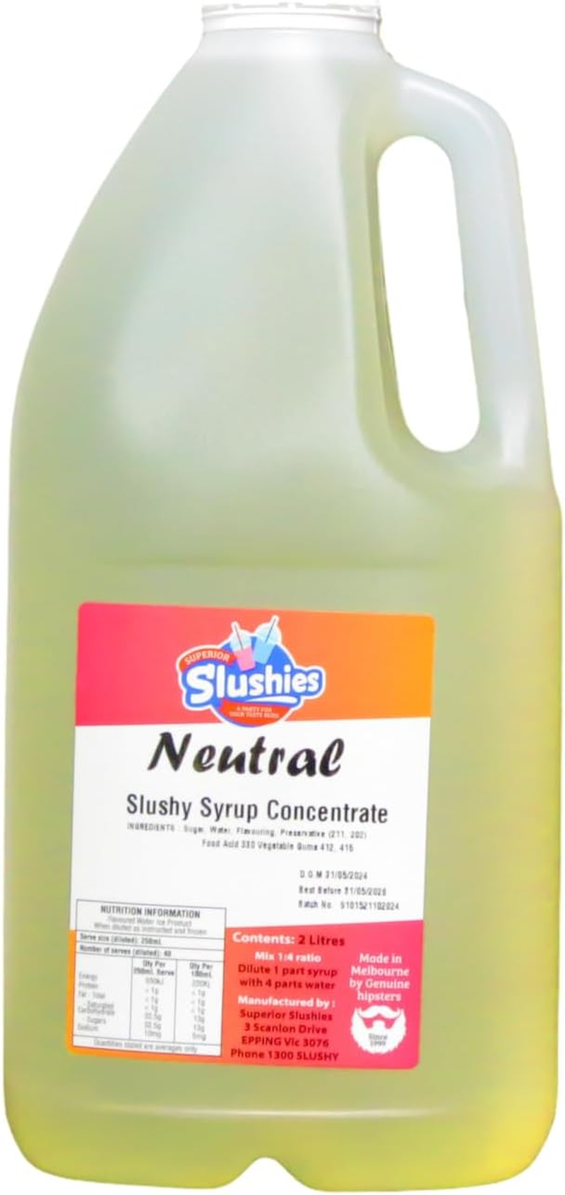 Superior Slushies Neutral Slushy Syrup Concentrate &ndash; Versatile Base Mix for Frozen Drink & Slushy Machines &ndash; 2L Bottle