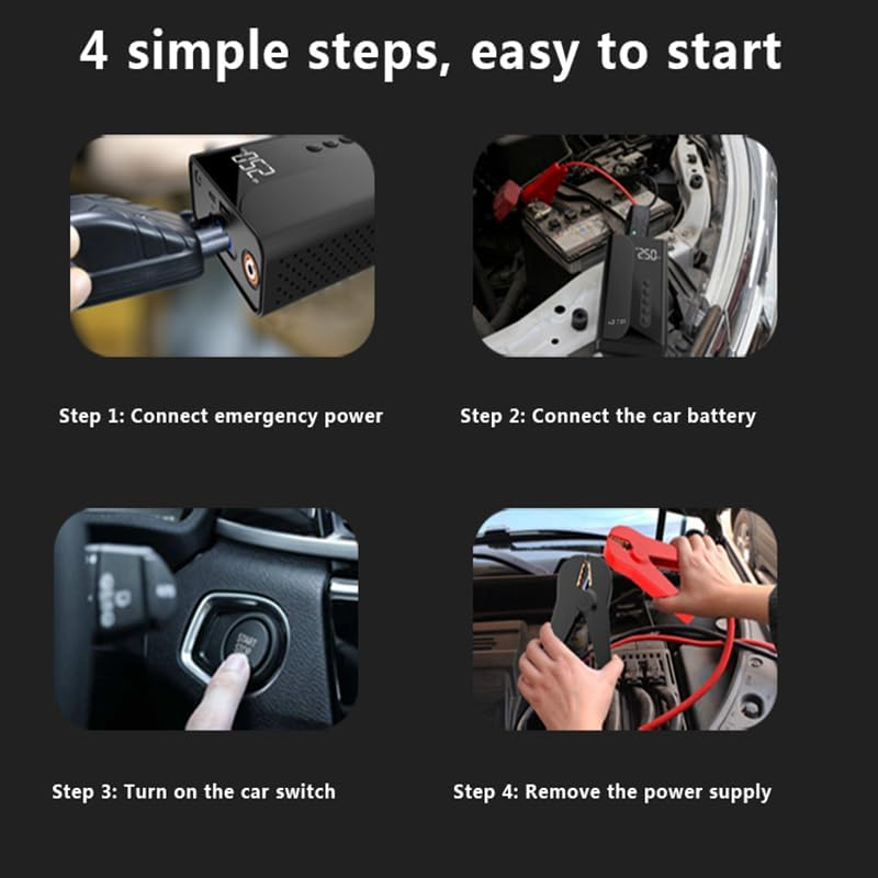 2000A Car Jump Starter with Air Compressor& LED Light, 150PSI Portable Tire Inflator, 12V Battery Booster, LCD Display - Black image number 5