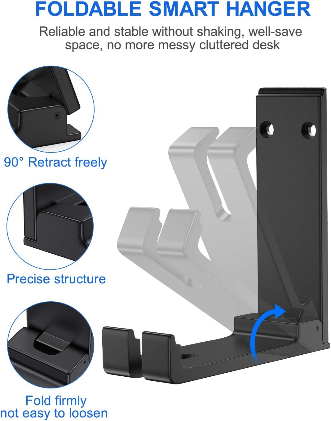 Foldable Headphone Hanger Holder Mount, Link Dream Aluminum Headset Hook Strong 3M Adhesive Headphone Hanger Mount with Cable Organizer for All Headphones - Space Saving Design (Black)