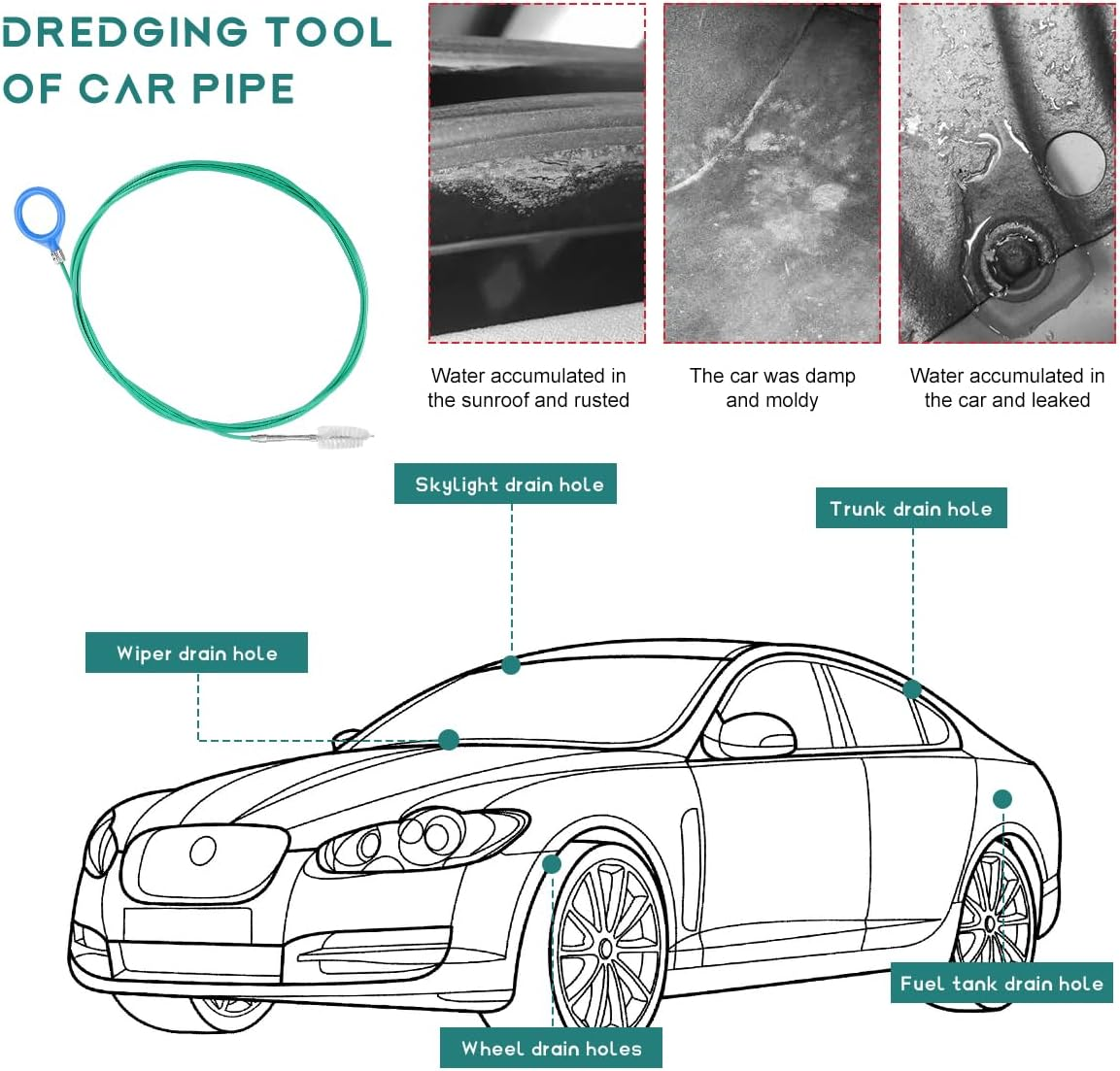 JUSTTOP Car Sunroof Drain Cleaning Tool, 108 Inch Flexible Drain Tube Cleaner, Long Pipe Cleaning Brush for Car Sunroof Windshield Wiper Drain Hole, Universal Car Accessories
