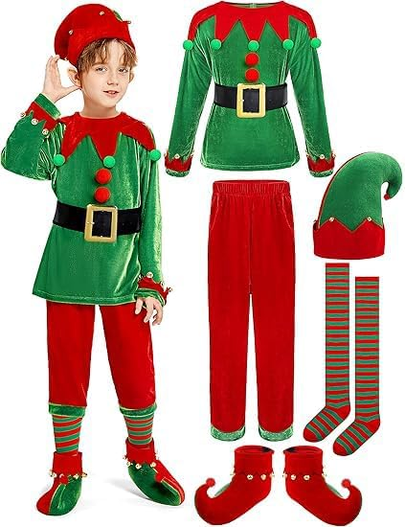 Kids Elf Costume, Girls Boys Christmas Elf Costume with Hat Socks Shoes Cover Velvet Cosplay Santa'S Helper Costume Xmas Outfit