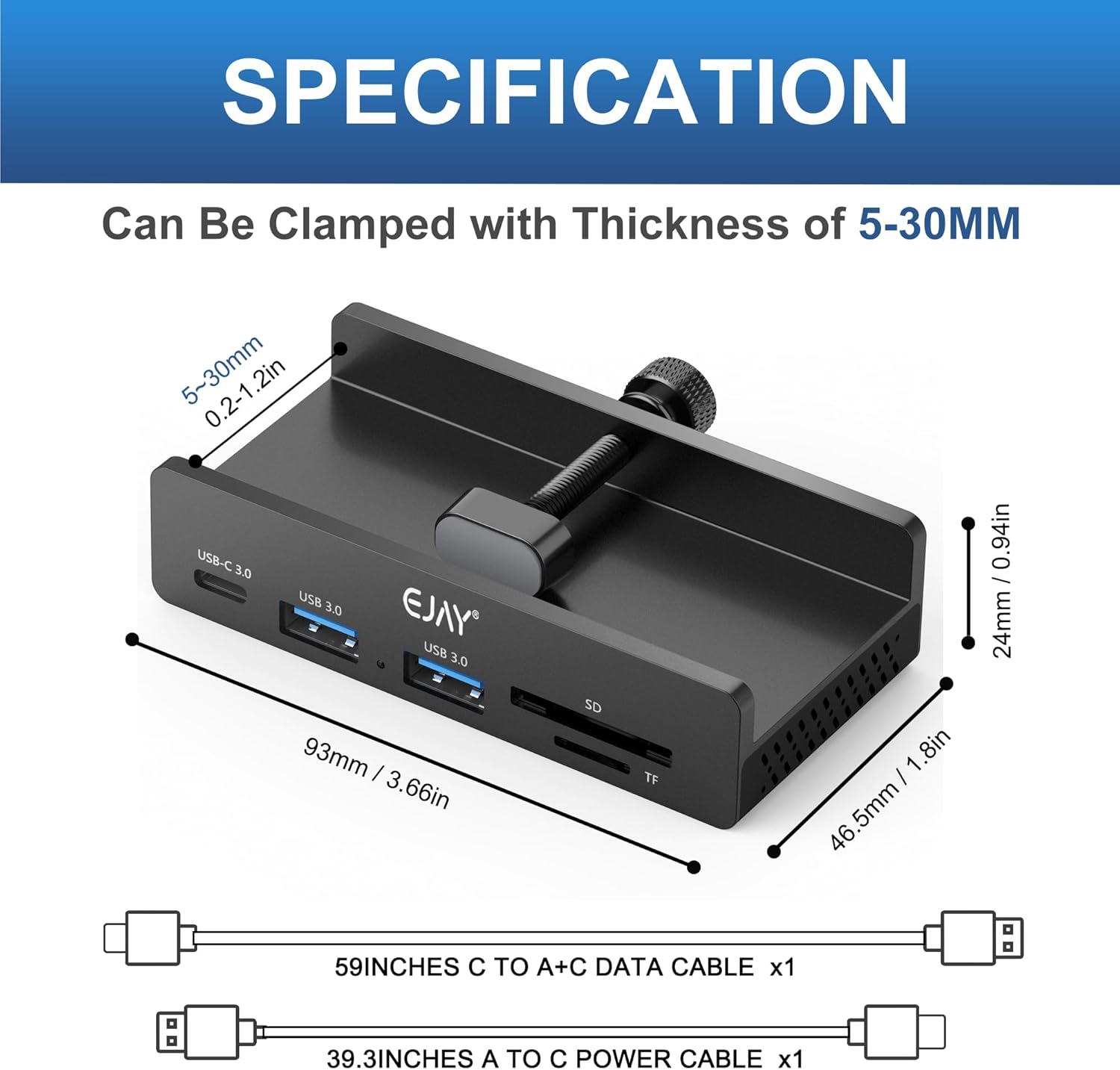 EJAY 5Ports USB3.0 HUB Alu Splitter Desktop Docking with TF&SD Card Reader for Desk/Monitors Clipping with Extra Power Supply Port,59Inches Data & 39Inches Power Cable-5Gbps (2A1CTS-BK)