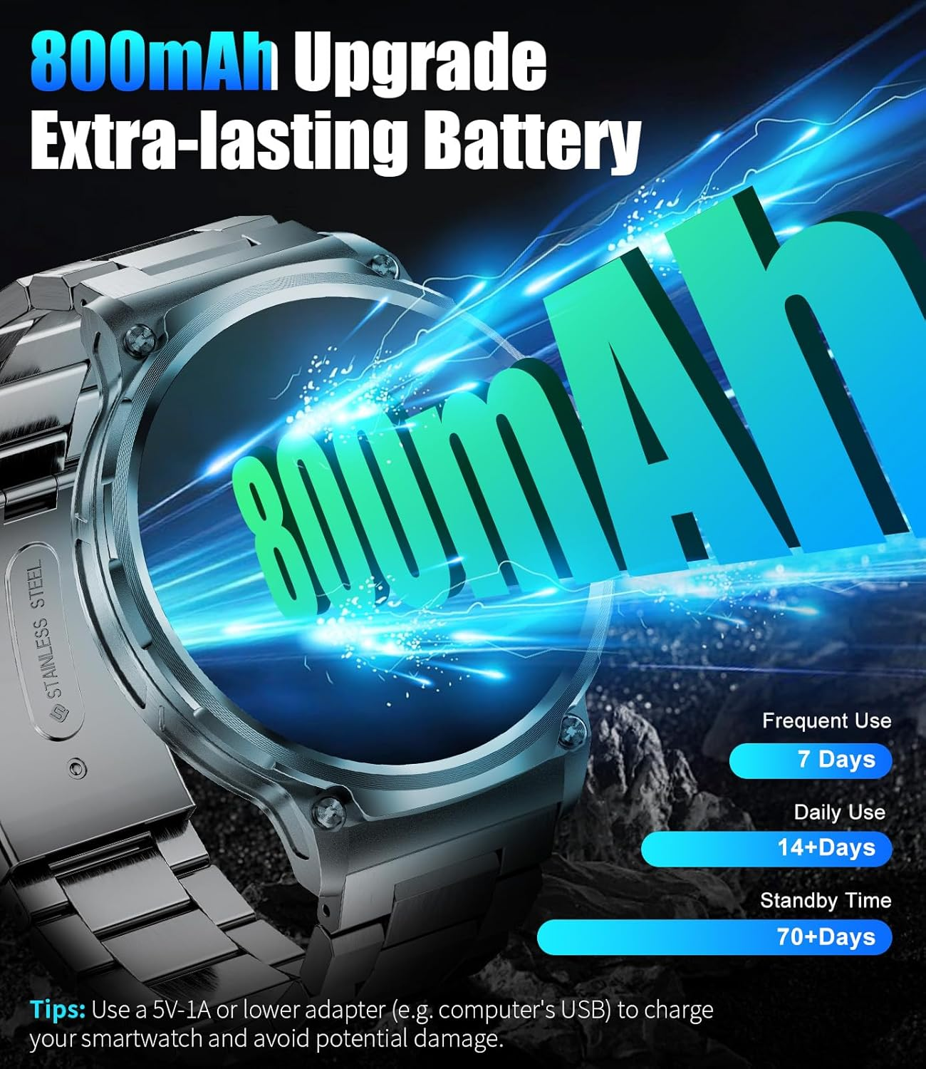 Military Smart Watch for Men (Answer/Make Calls), 1.85" Big Screen Smartwatch with 800Mah Large Battery,100+Sport Modes Calories Pedometers Fitness Tracker Sports Watch 5ATM Waterproof for Ios Android image number 6