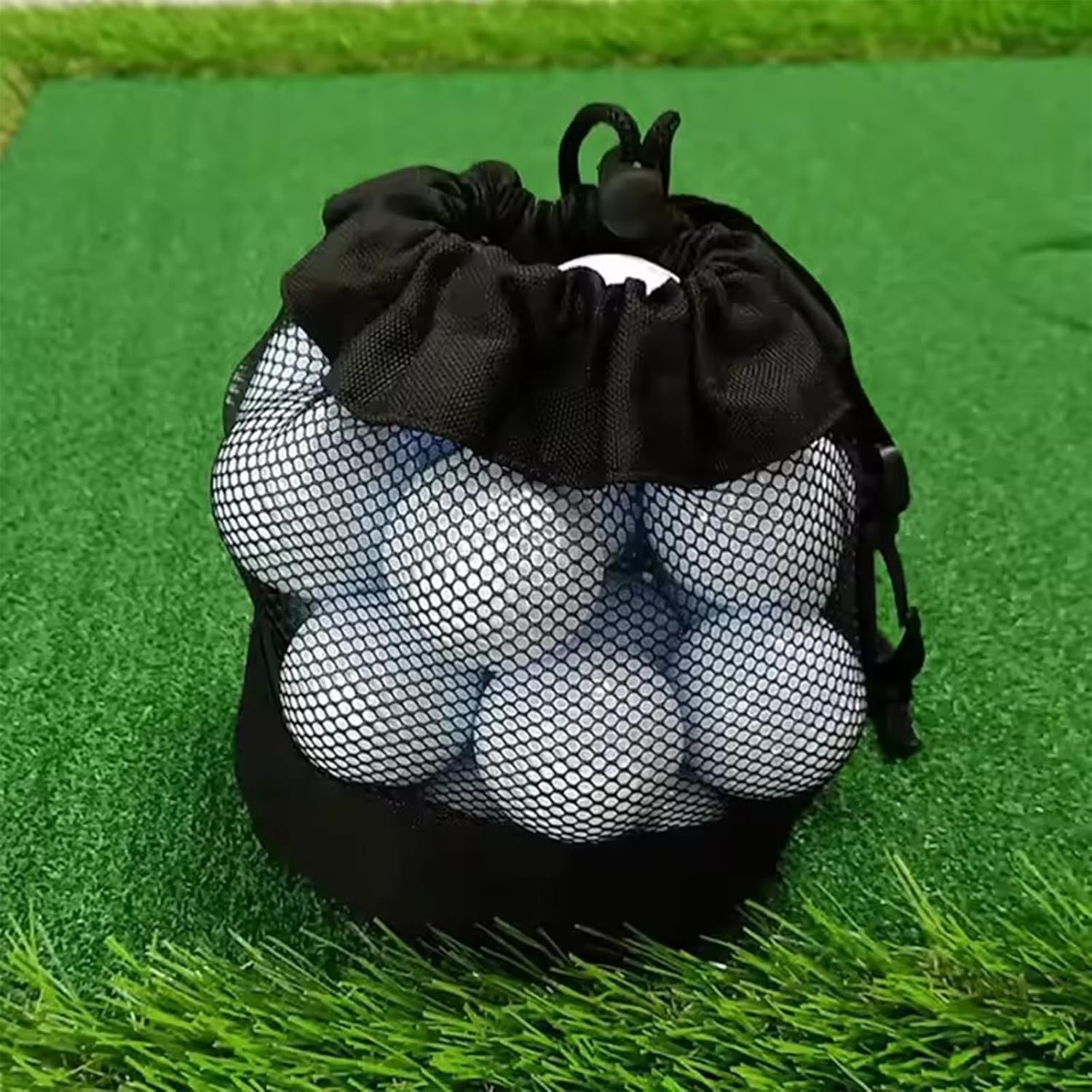 Yeanifeana 2-Pack Black Nylon Mesh Golf Ball Bags with Drawstring Closure & Hooks, Durable Golf Ball Storage Organizer Pouches (6.5X5.5 Inches) image number 1