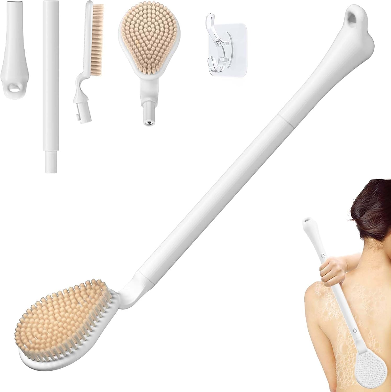 GEENOA Back Scrubber for Shower, 19&rsquo;&rsquo; Detachable Long Handle Shower Body Scrubber for Wet or Dry Brush, Adjustable 2-In-1 Back & Body Brush with Soft and Dense Bristles for Deep Cleaning(White)