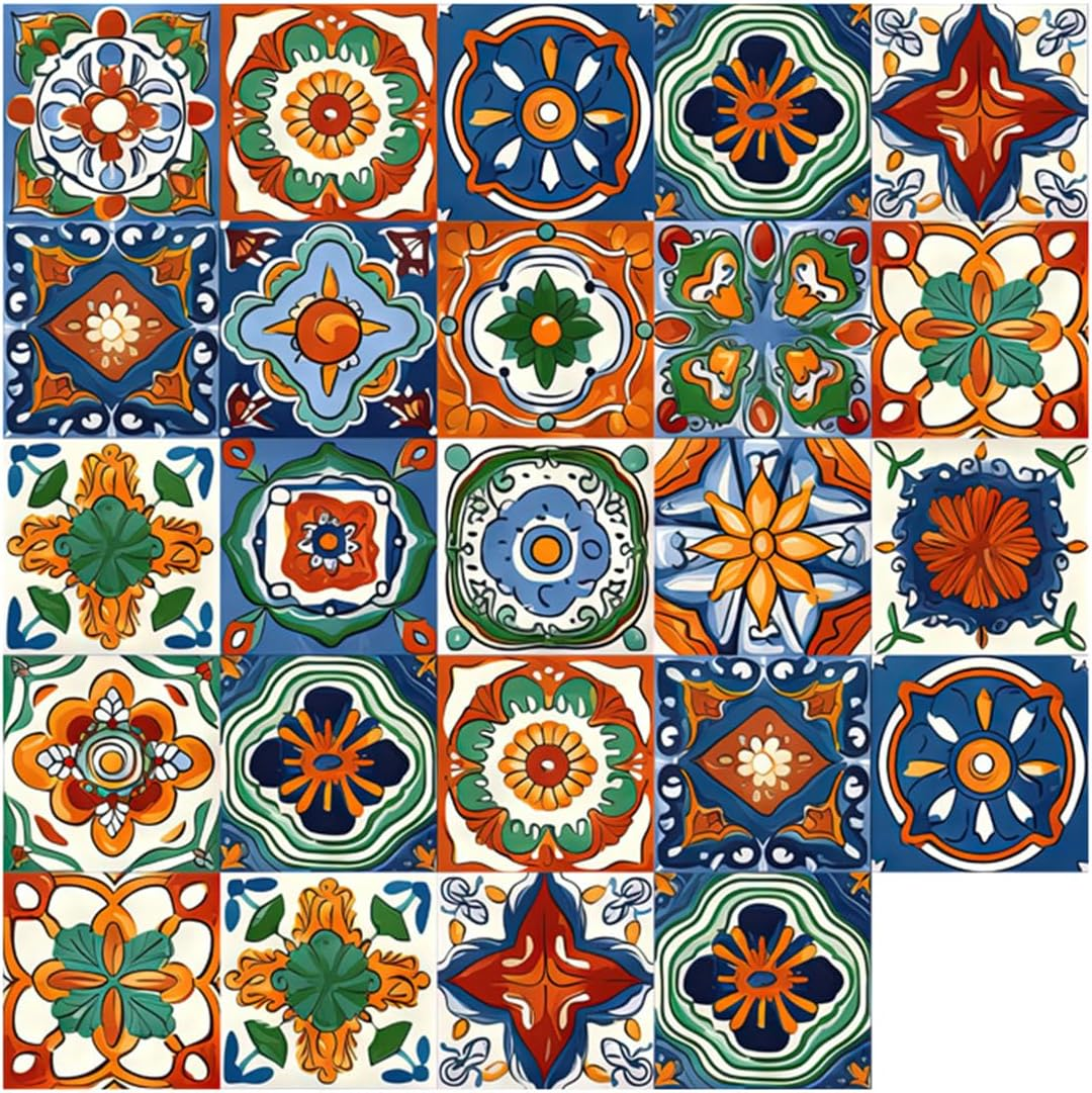 Tile Stickers, 24PCS Retro Decorative Peel and Stick Moroccan Self Adhesive Tile, Waterproof Oil-Proof Kitchen Backsplash Stickers for Bathroom (Type 3, 20 X 20Cm)