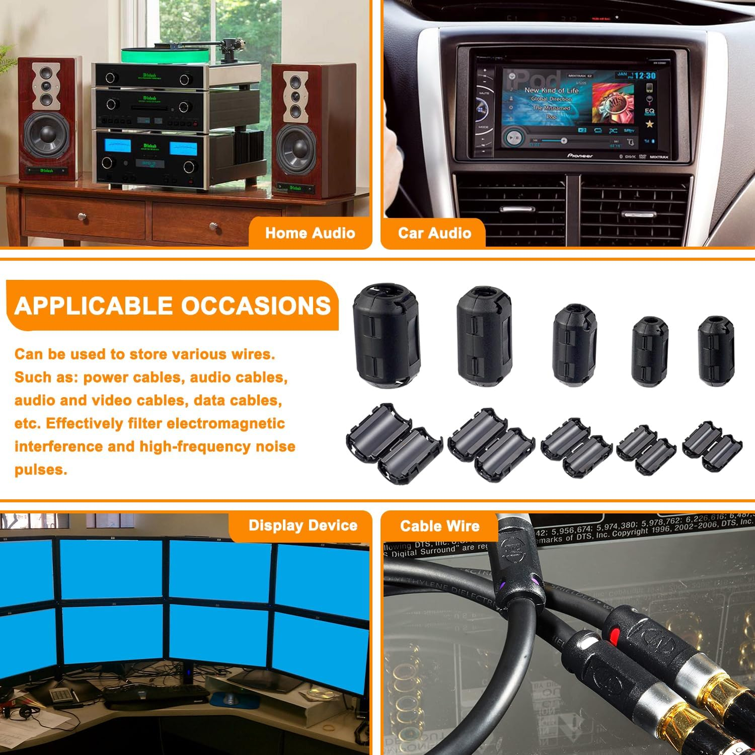 HUAREW 60 Pcs Black Clip-On Ferrite Ring Core RFI EMI Noise Suppressor Cable Clip for 3.5 Mm 5Mm 7Mm 9Mm 13Mm Diameter Cable