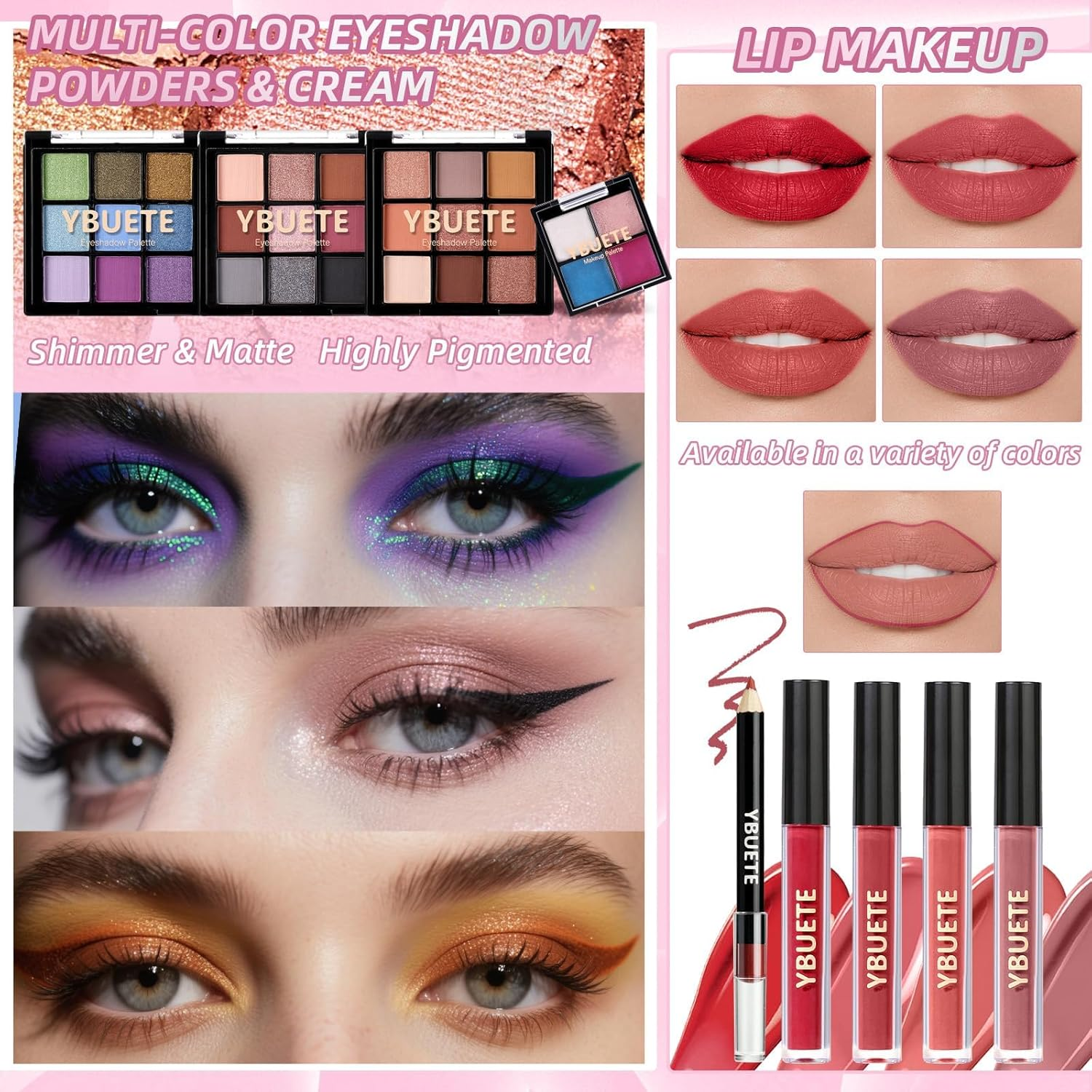 YBUETE Professional Makeup Kit for Girl Women, Full Starter Cosmetic Set with Storage Case, Reusable Full Cosmetic Train Case Included Foundation Eyeshadow Blush Lipstick Lip Liner Mascara Eyeliner image number 2