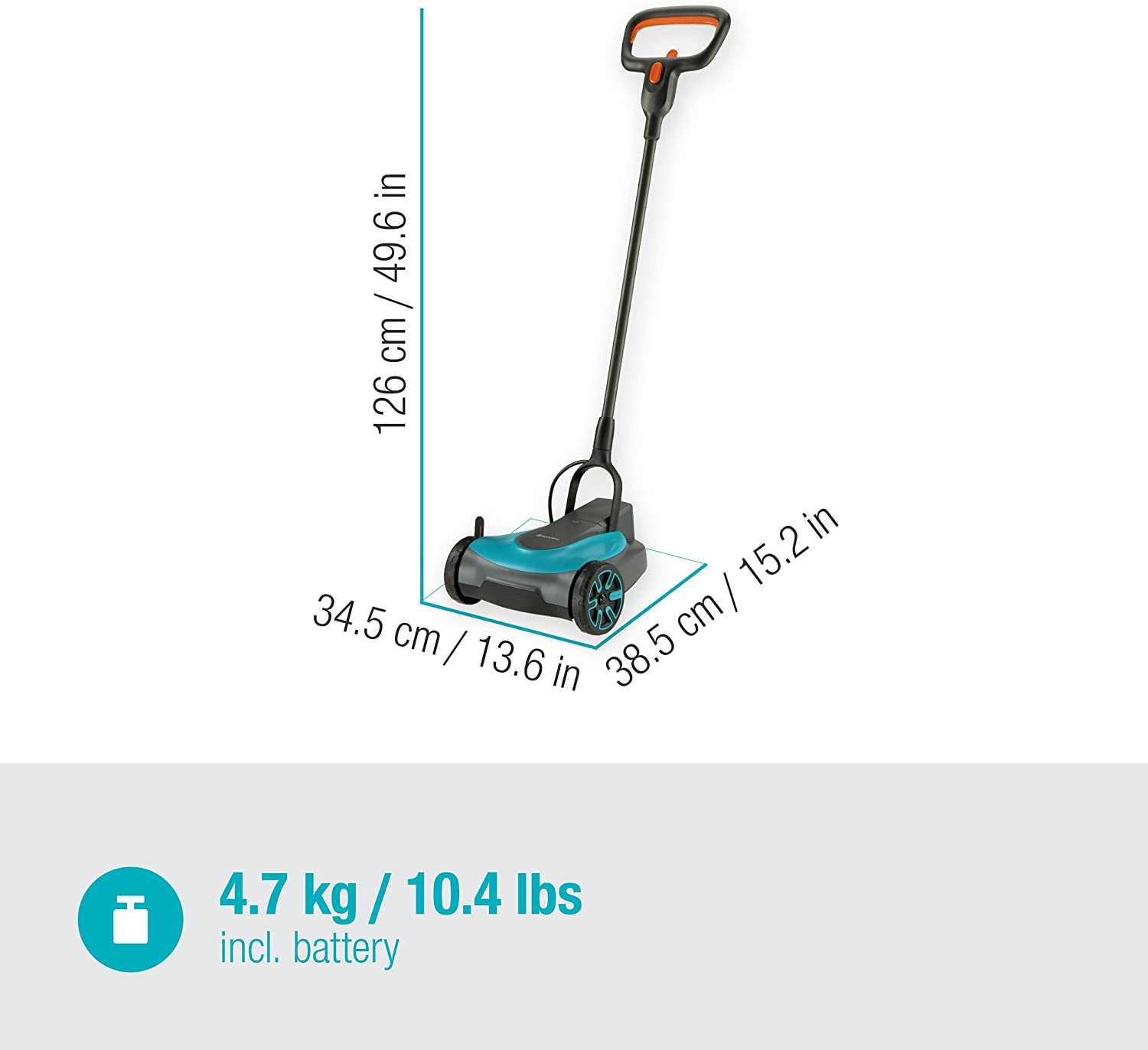 Gardena Battery Lawnmower Handymower 22/18V P4A - 2.5Ah Battery and Charger Included, Black/Turquoise/Orange (14620-52) image number 3