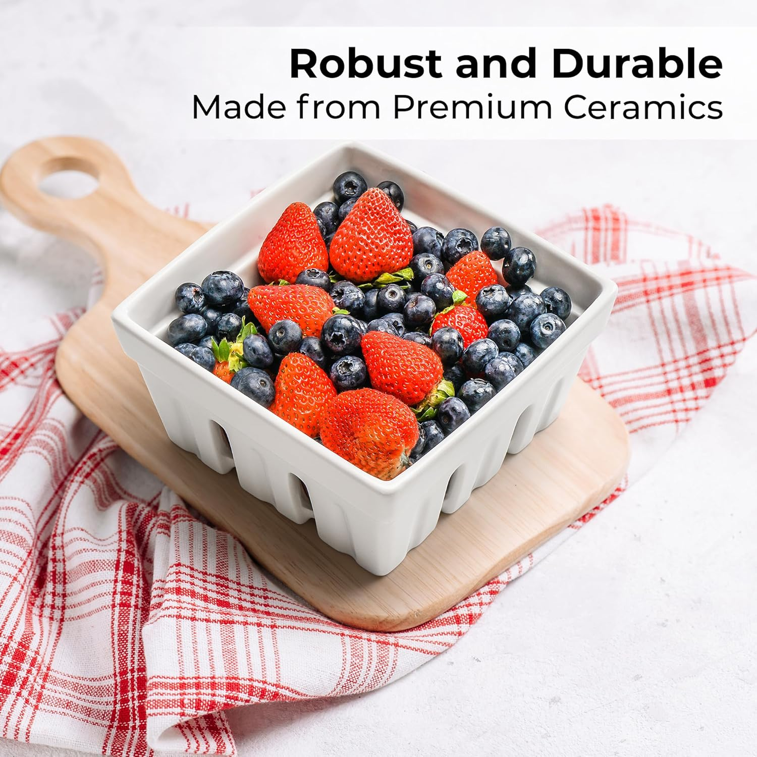 MIAMIO - Ceramic Berry Basket Set of 2 / Cute Kitchen Fruit Bowl with Draining Holes/Strawberry Storage Container image number 3