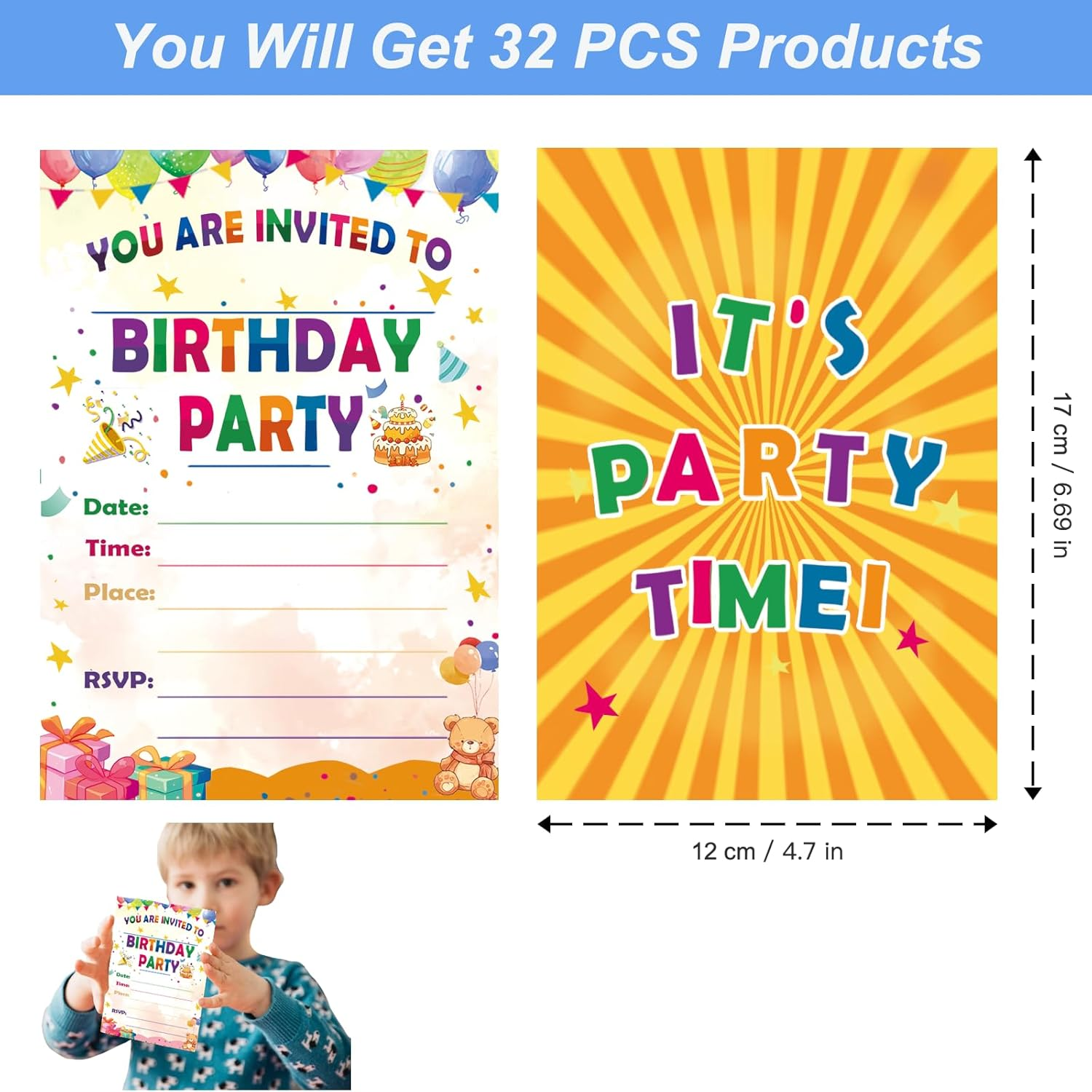 32 PCS Birthday Party Invitation for Children, 5 "X7" Cake Birthday Party Invitation Boys and Girls, Celebration Invitation for Teenagers, Balloon Gift Box with Birthday Hat and Cake Celebration Decoration image number 2