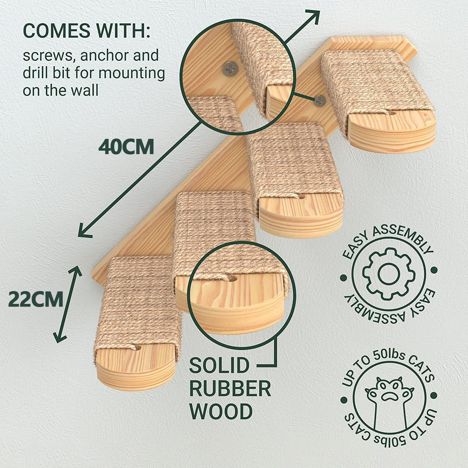 Cozioz Wall-Mounted Cat Steps - Solid Rubber Wood Shelves for Climbing and Scratching, Easy Installation for Playful Cats (Wood Finish) image number 5