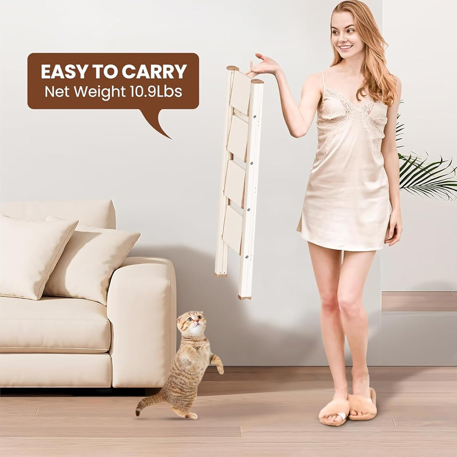 4 Step Ladder, Retractable Handgrip Aluminum Folding Step Stool Non-Slip Wide Steps Foldable Design Heavy Duty 330Lbs 150KG Capacity for Home Office (Cream White, 4 Step Ladder) image number 4