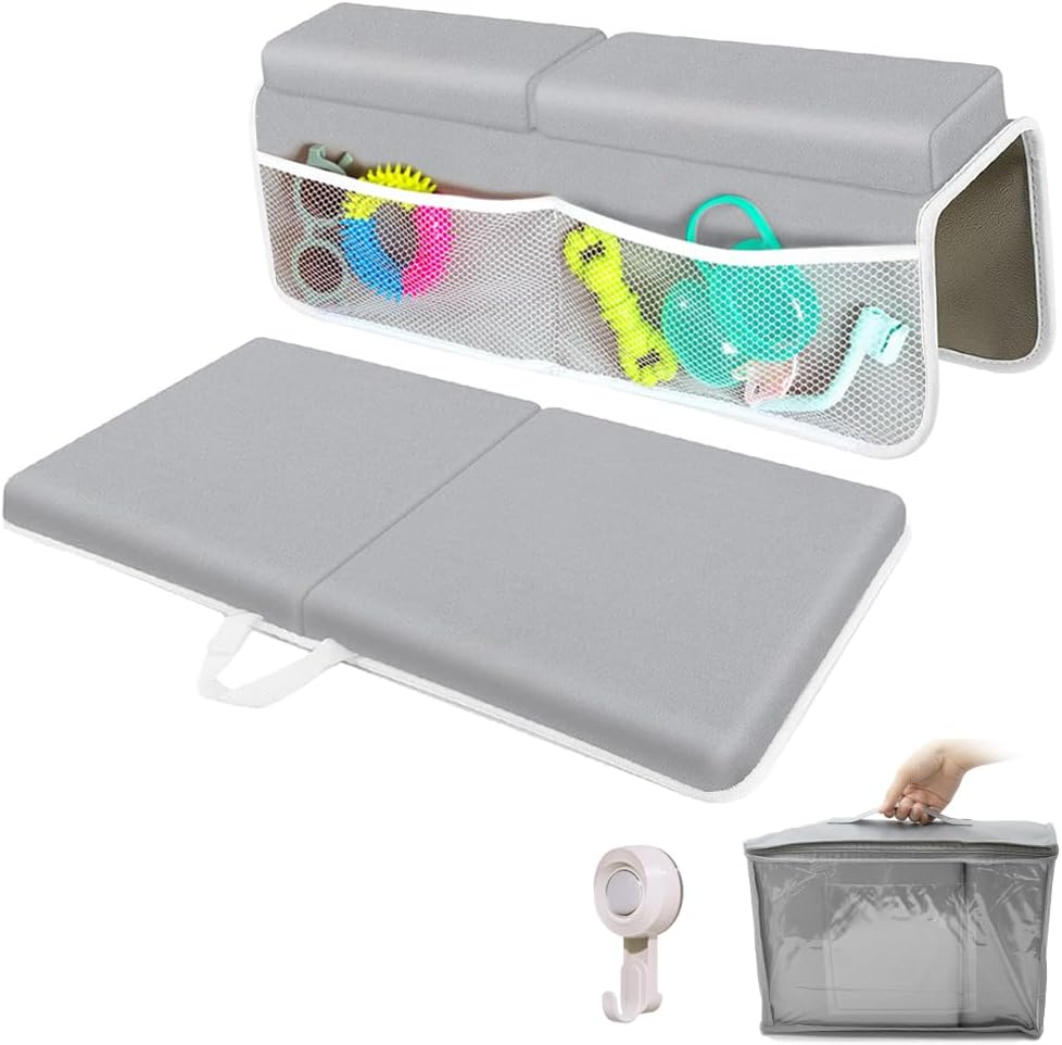 4PCS Baby Bath Kneeler and Elbow Rest Pad Set,1.5'' Bath Kneeler Pads,Elbow Pad with 4 Pockets,Non-Slip Knee & Arm Support Bathtub Mat with a Hook & a Bag(Grey) image number 4