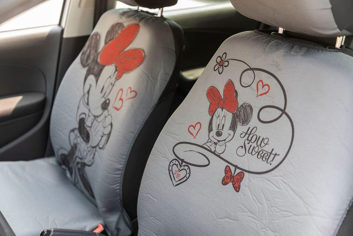 Tataway Pair Front Car Seat Covers Minnie Mouse Mickey Mouse Headrest Grey Red Airbag Compatible Universal for All Cars image number 2