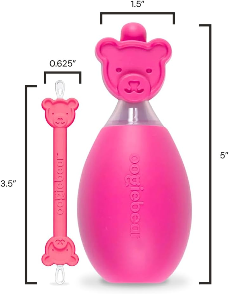 Oogiebear Bear Pair &mdash; the Safe Baby Booger Cleaner and Nose Sucker Duo | Bulb Aspirator and 2-In-1 Nose and Ear Wax Cleaner | Latex and BPA Free - Raspberry image number 5