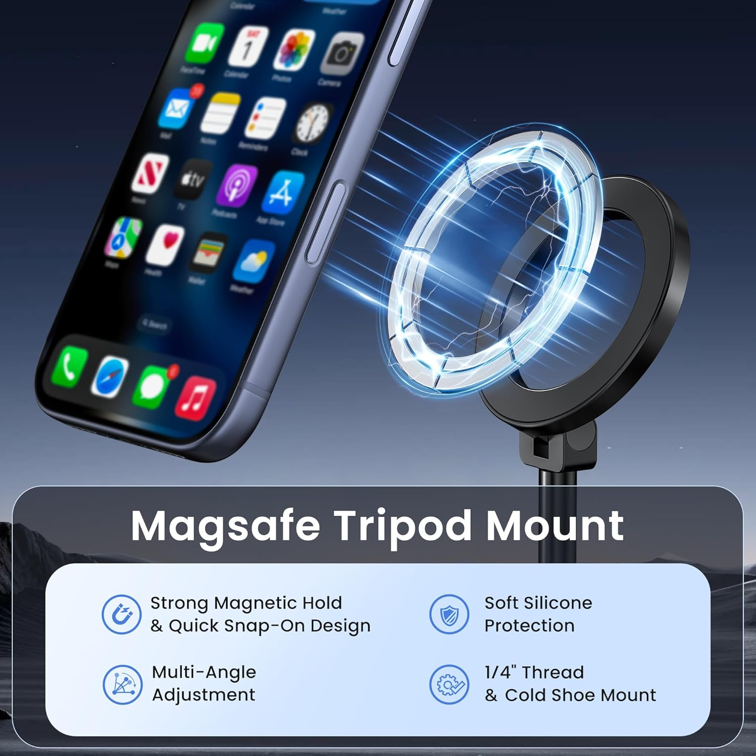 Itramax Magnetic Phone Tripod Mount,360&deg; Rotatable Mag/Safe Cold Shoe Tripod Phone Adapter Holder with 1/4" Threaded Hole for Iphone 17 Pro Max 16 15 plus 14 13 12,Samsung,Canon Nikon Sony DSLR Camera