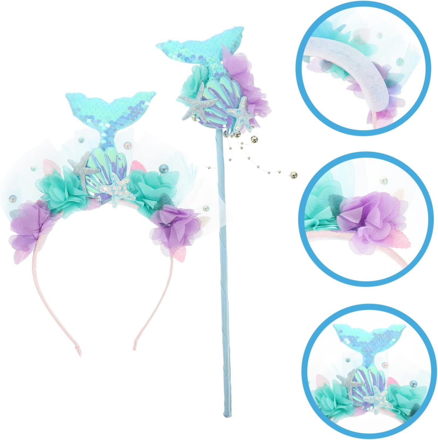 1Set Mermaid Costume Set Sequin Crown Headband Fairy Wand for Accessories for Birthday Cosplay Parties Decorative Hair Hoop Girls Mermaid Props image number 5